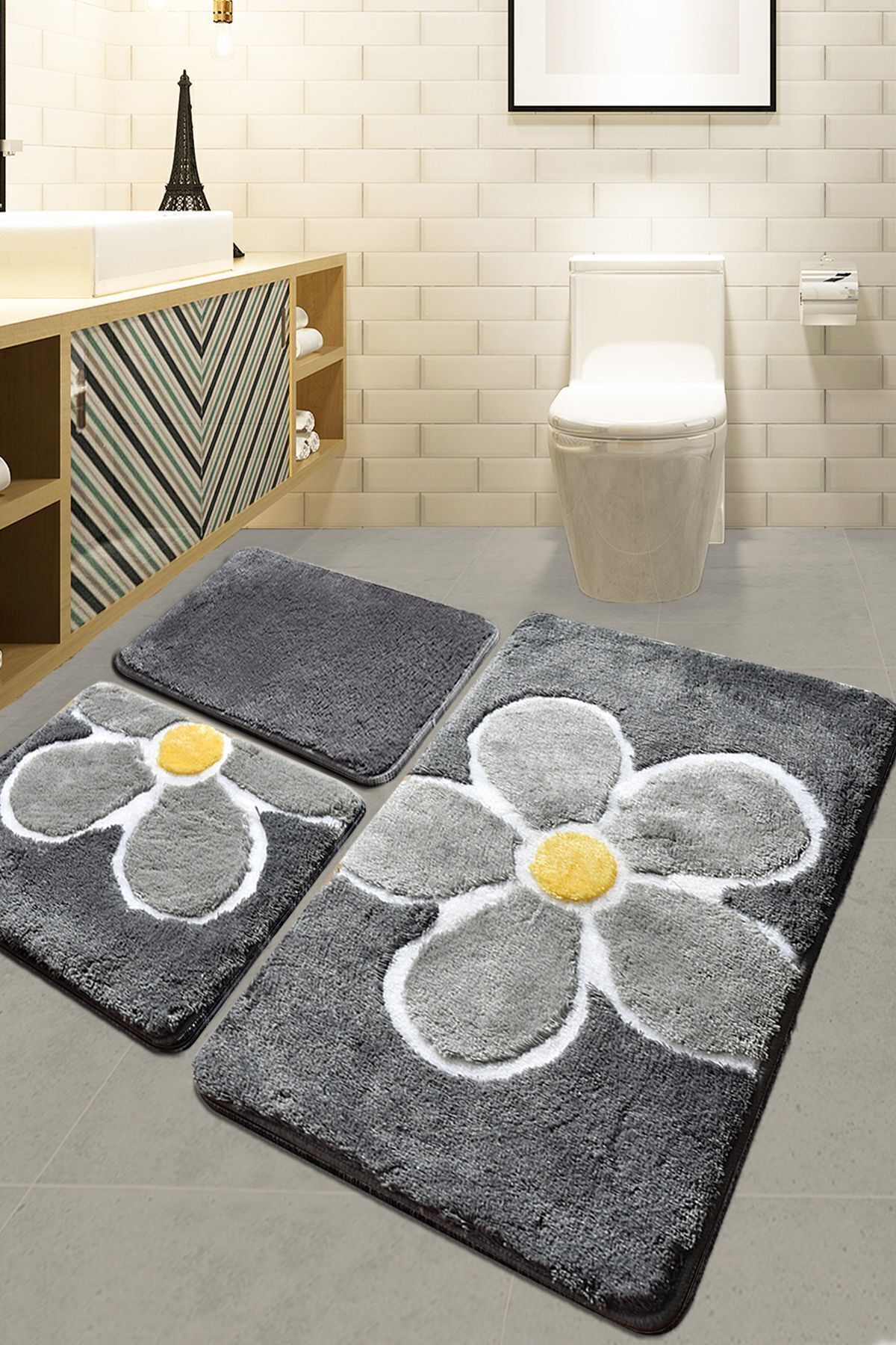 Iromica Home Flower Gri 3'lü Set Klozet Takımı, Banyo Paspas Seti Halısı Akrilik