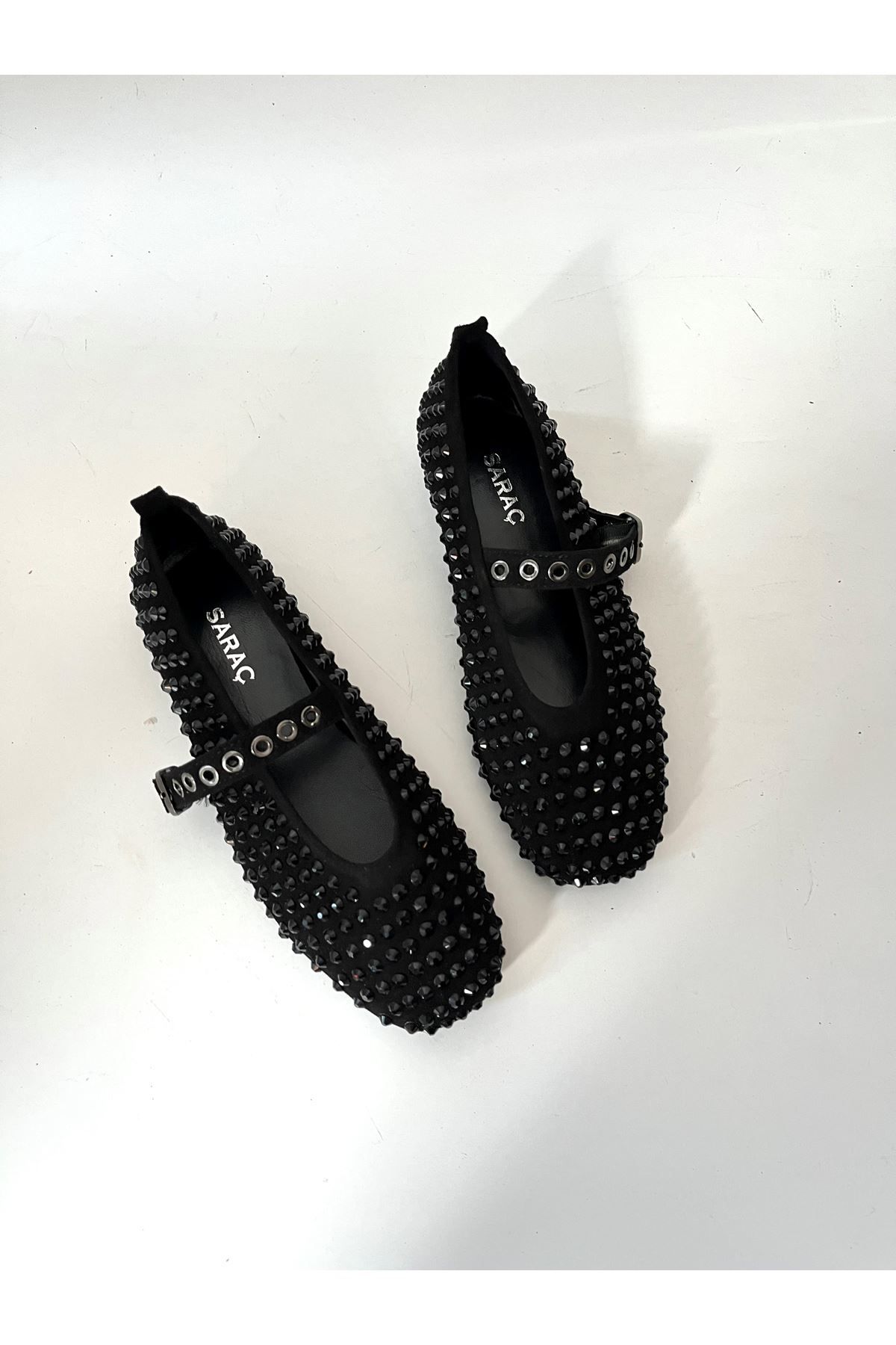 Saracshoes Gerçek Deri Süet Kadın Babet Siyah Taşlı Diamond