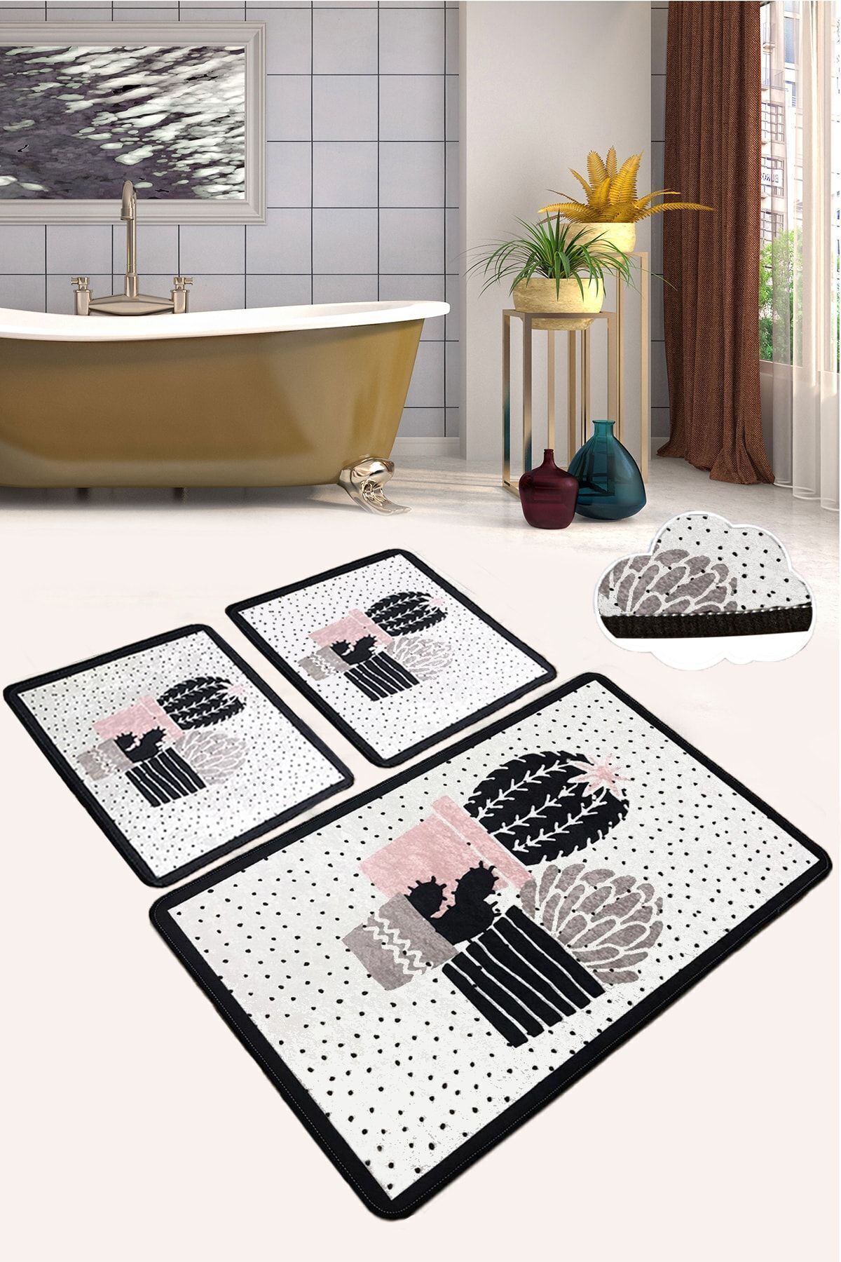 Iromica Home Three Cactus Djt 3'lü Set Banyo Halısı Paspas Kaymaz Taban Yıkanabilir Klozet Takımı