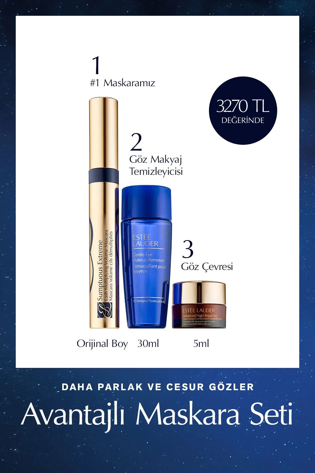 Estee Lauder Maskara Seti - Sumptuous Extreme Mascara Göz Bakım Seti Maskara 8ml, Göz Kremi 5ml, Temizleyici 30ml