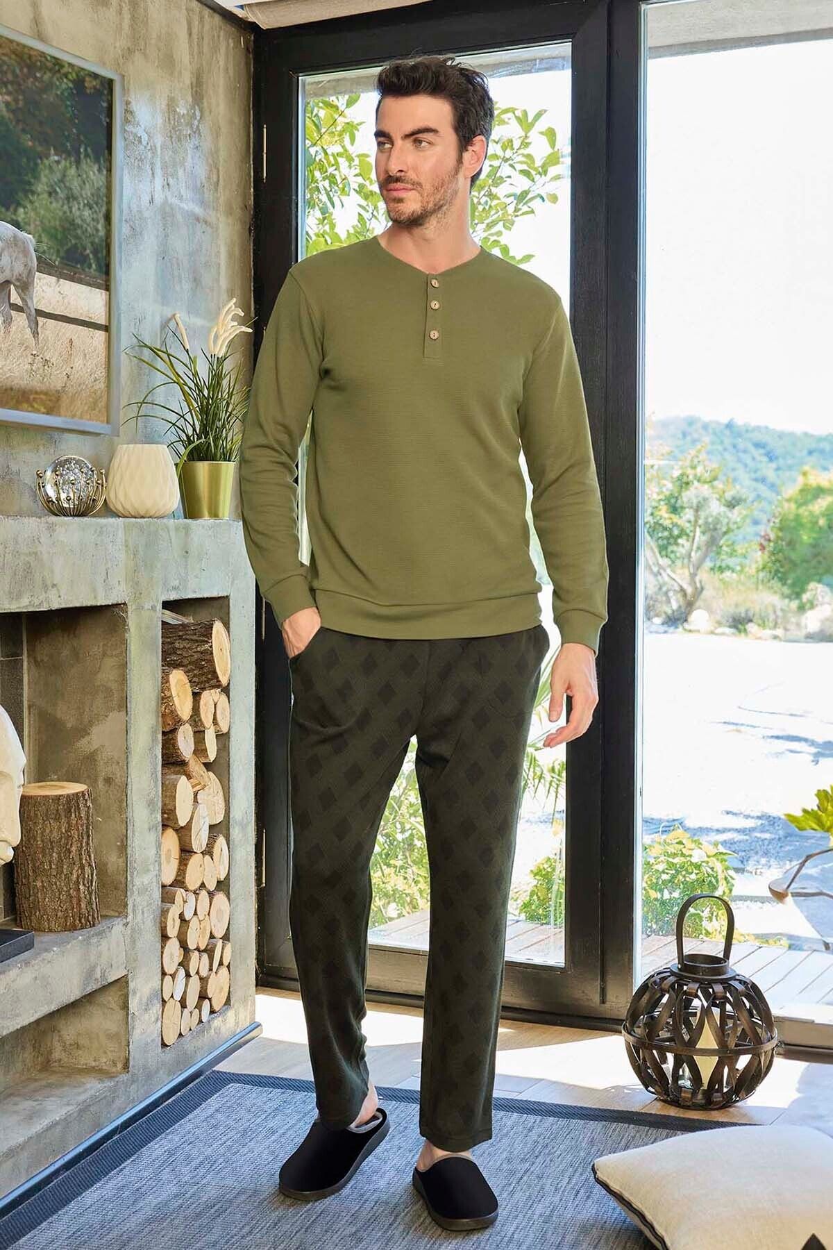 Aydoğan-Aydoğan Khaki Waffle Cotton Men's Pajama Set - 240763 2