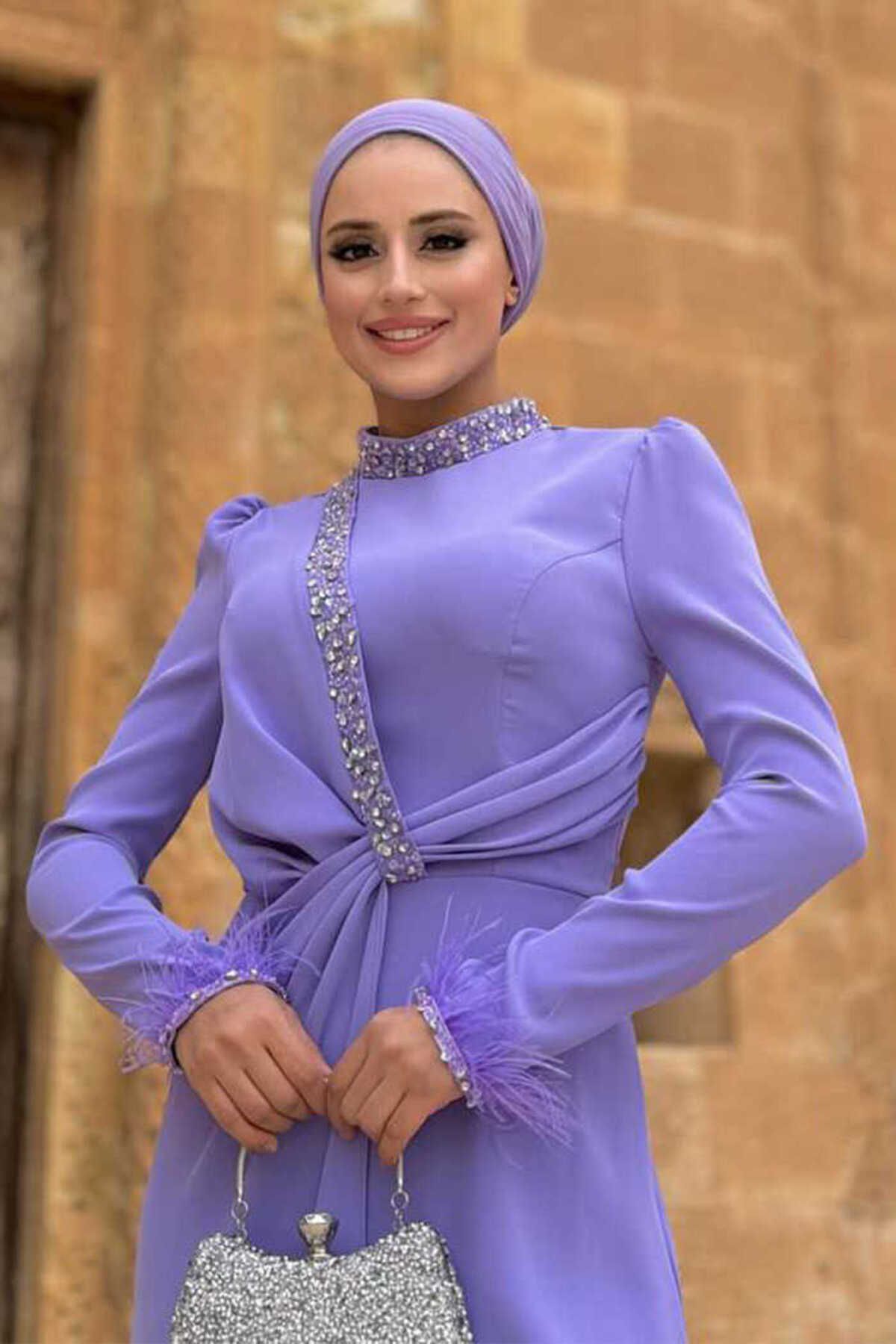 Bym Fashion-فستان سهرة أرجواني 7021 - مزين بالأحجار والريش 4