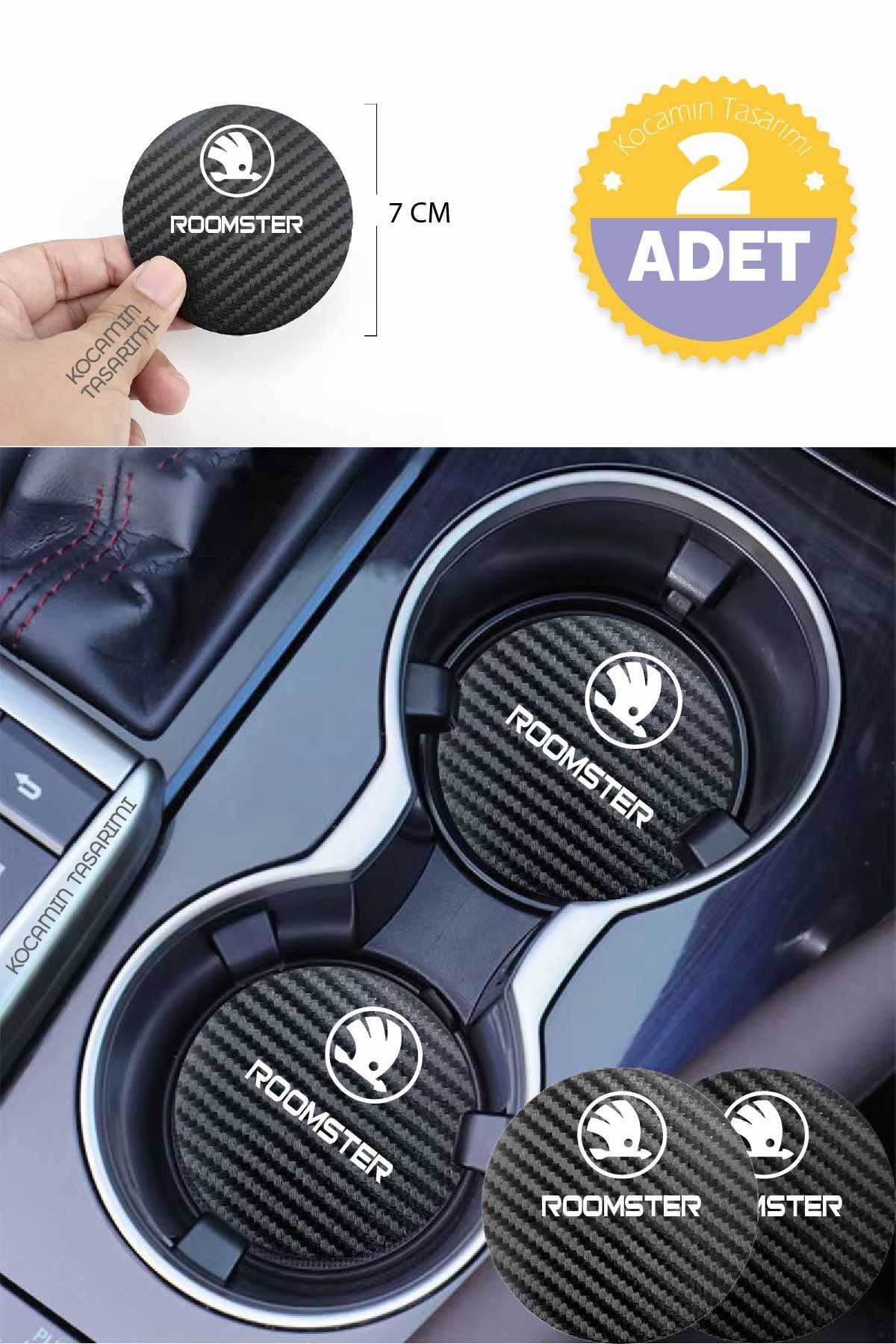 Kocamın Tasarımı Skoda Roomster Yazılı Siyah Karbon Araç Bardak Altlığı Skoda Logolu Roomster İçin Şık ve Spor 7 cm T