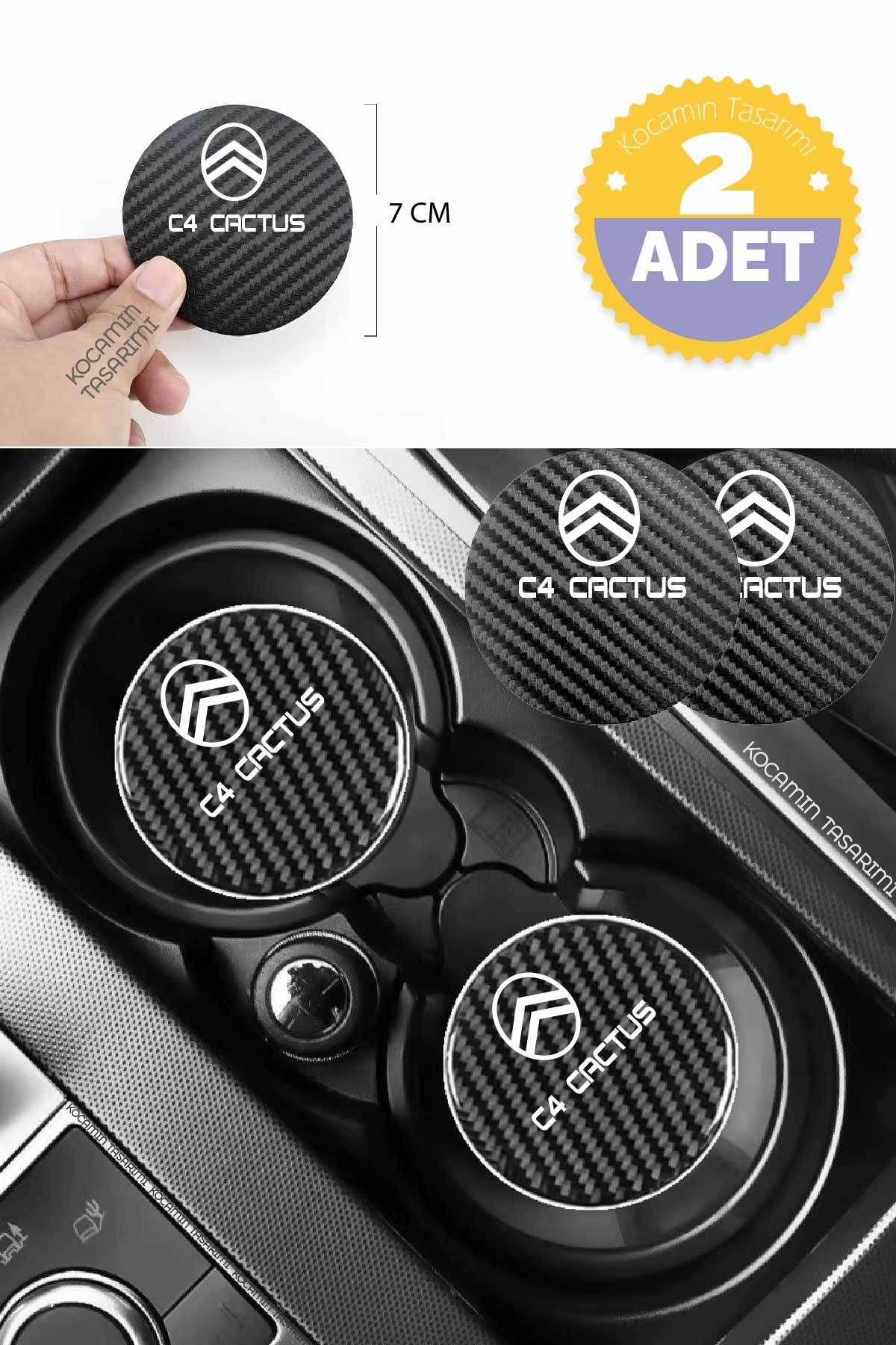 Kocamın Tasarımı Citroen C4 Cactus Uyumlu Özel Siyah Karbon Bardak Altlığı Citroen Armali C4 Cactus 2 Adet 7 cm Spo