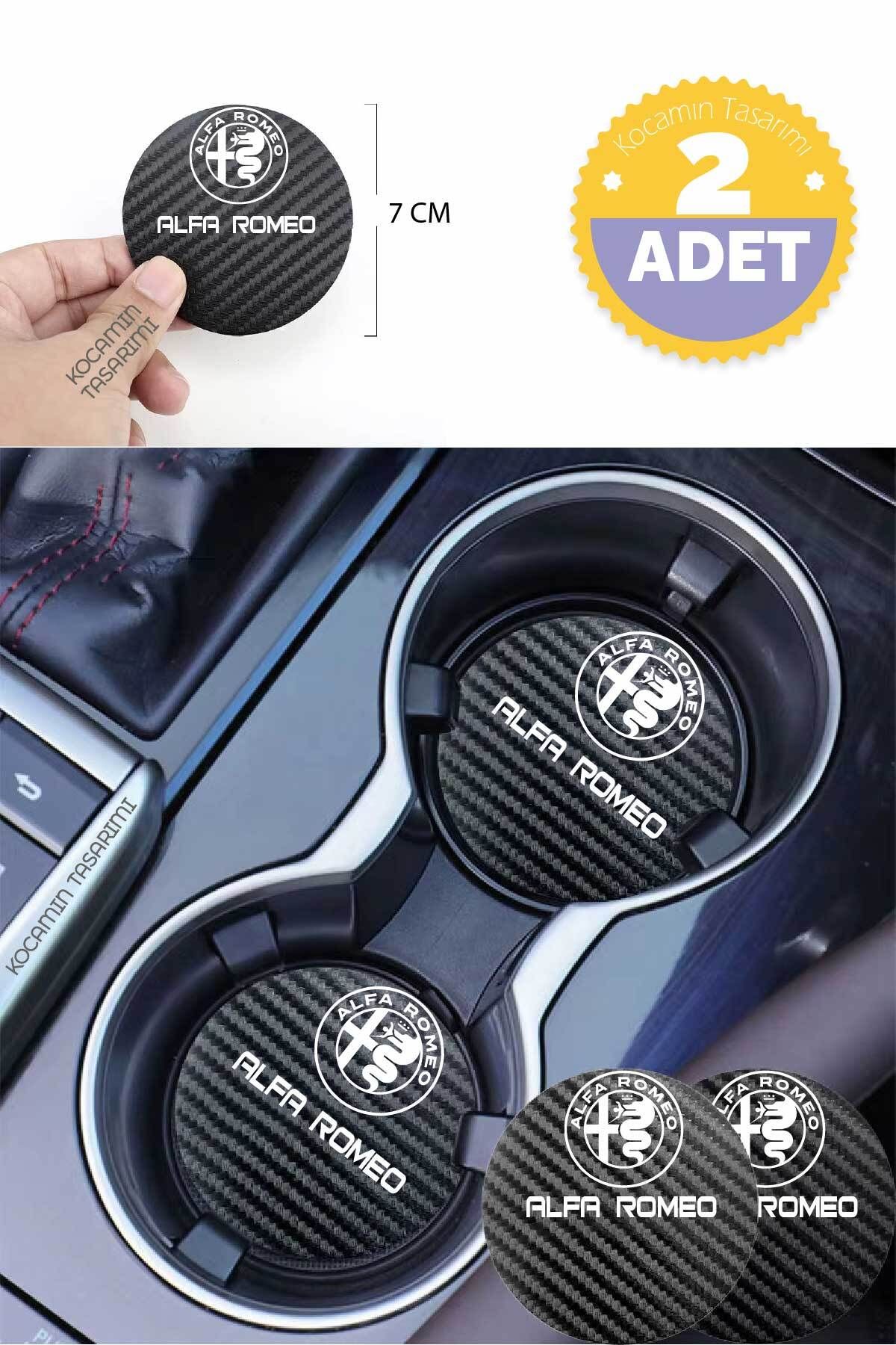 Kocamın Tasarımı Alfa Romeo Yazılı Siyah Karbon Araç Bardak Altlığı Alfa Romeo Logolu Yazılı Özel Üretim 2 Adet 7 cm