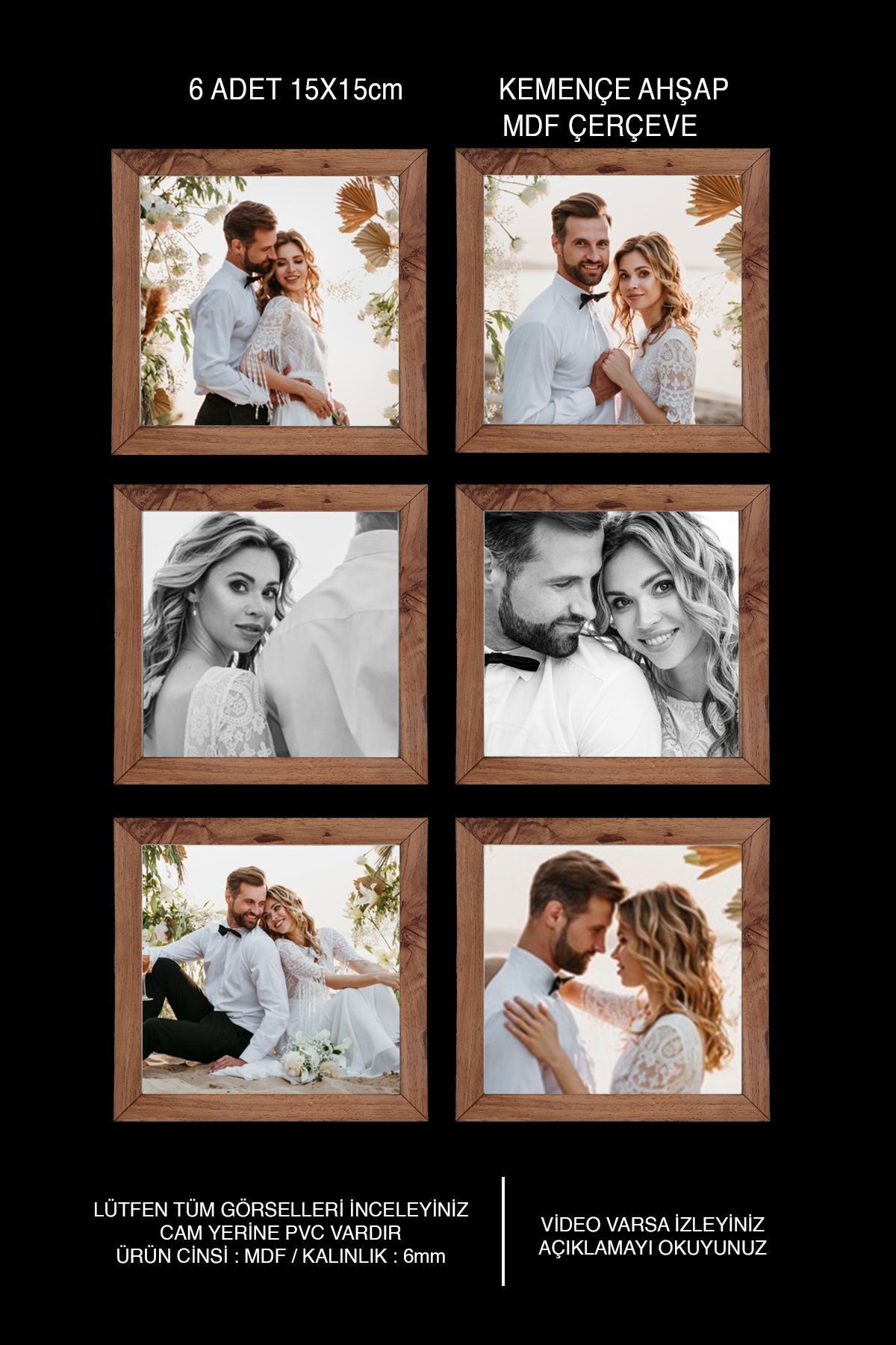 Elioure 6'lı 15x15 Kare MDF Kemençe Çoklu Fotoğraf Çerçevesi Seti Kahverengi