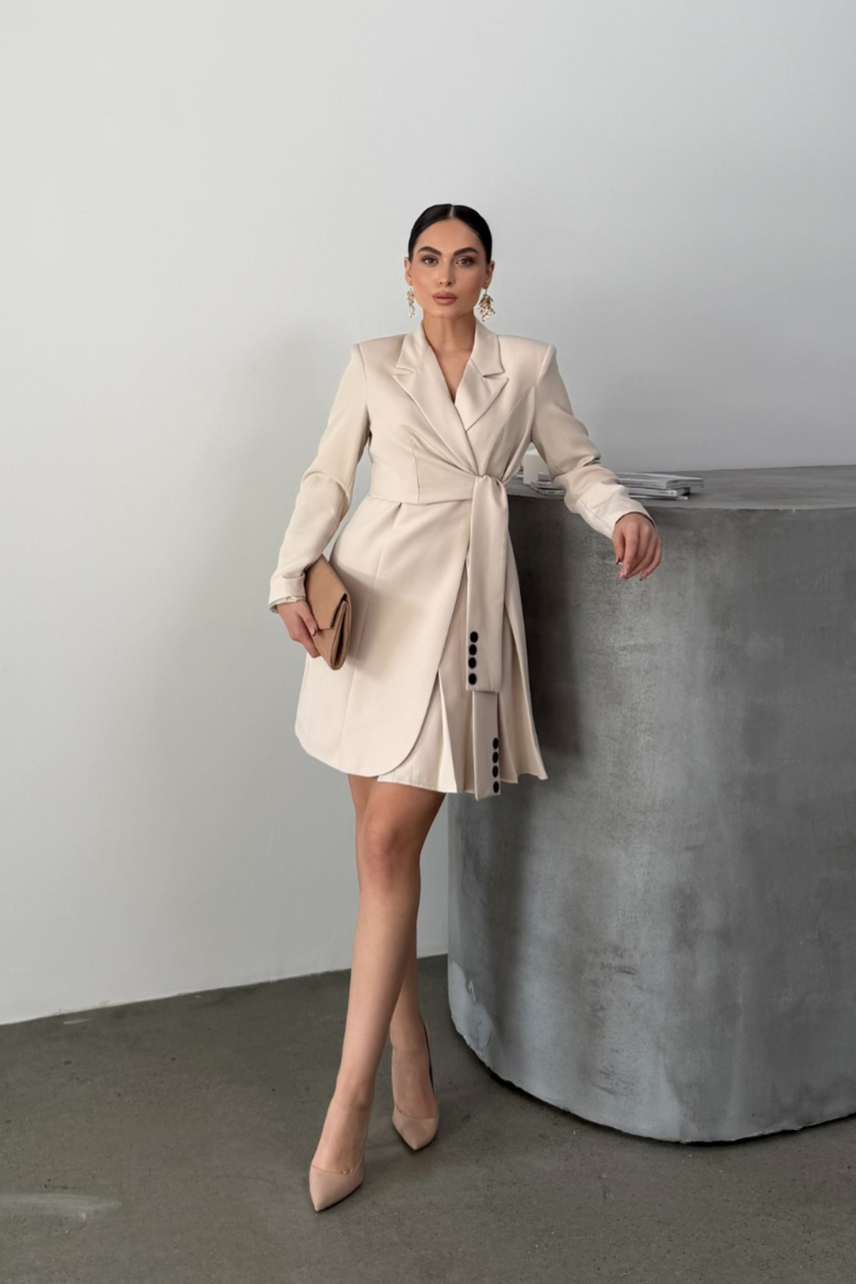 Robe Femme Mini Chic Manches Longues Ceinturée Croisée Plissée Veste Robe - Görsel 3
