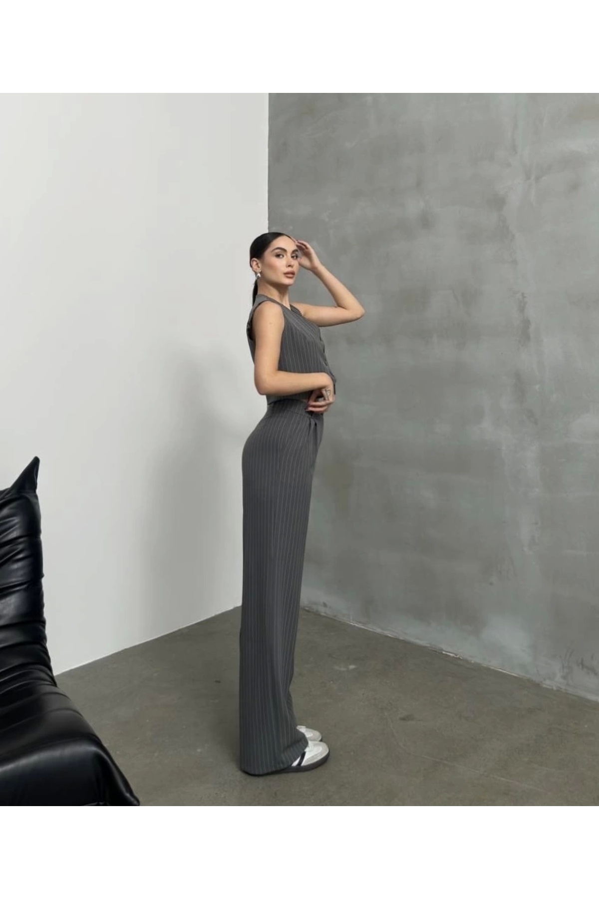 Asfa Moda-Women's Anthracite Striped Sleeveless Vest Palazzo Pants Double Set 3