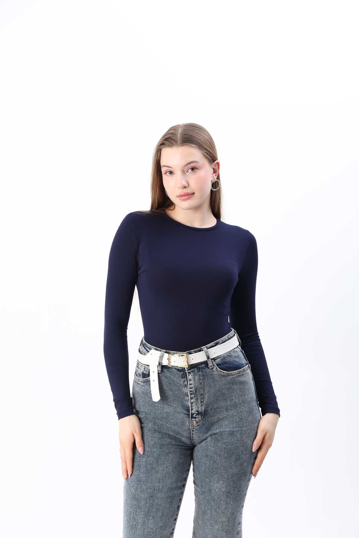 Women's Navy Blue New Season Crew Neck Long Sleeve Combed Cotton Bodysuit