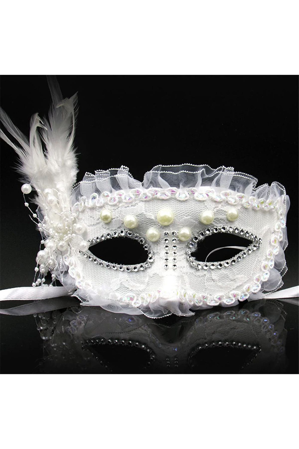 ReilaToys-17x12 cm White Pearl Embroidered Jewelled Lace Party Mask 1