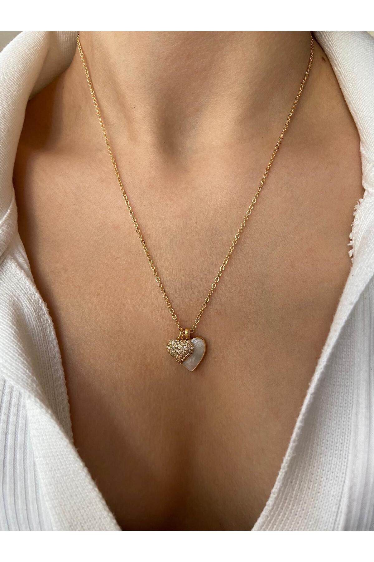 Taşlı Ve Sedefli Kalp Altın Kaplama Gold Charm Kolye