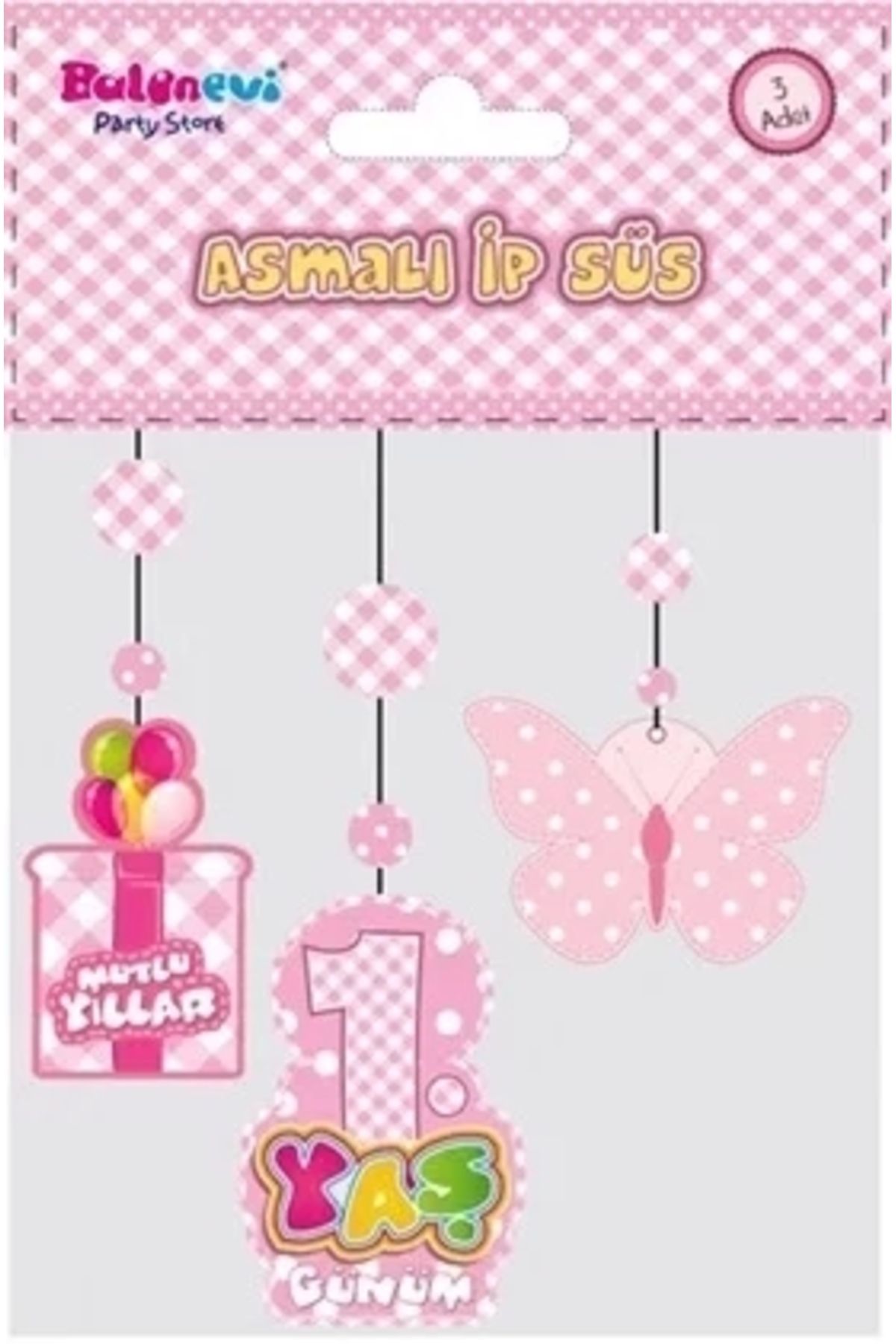 ÇERÇİCİ 1 Yaş Temalı Asmalı İp Süs Pembe Renk 3 Lü Set 12x45 Cm