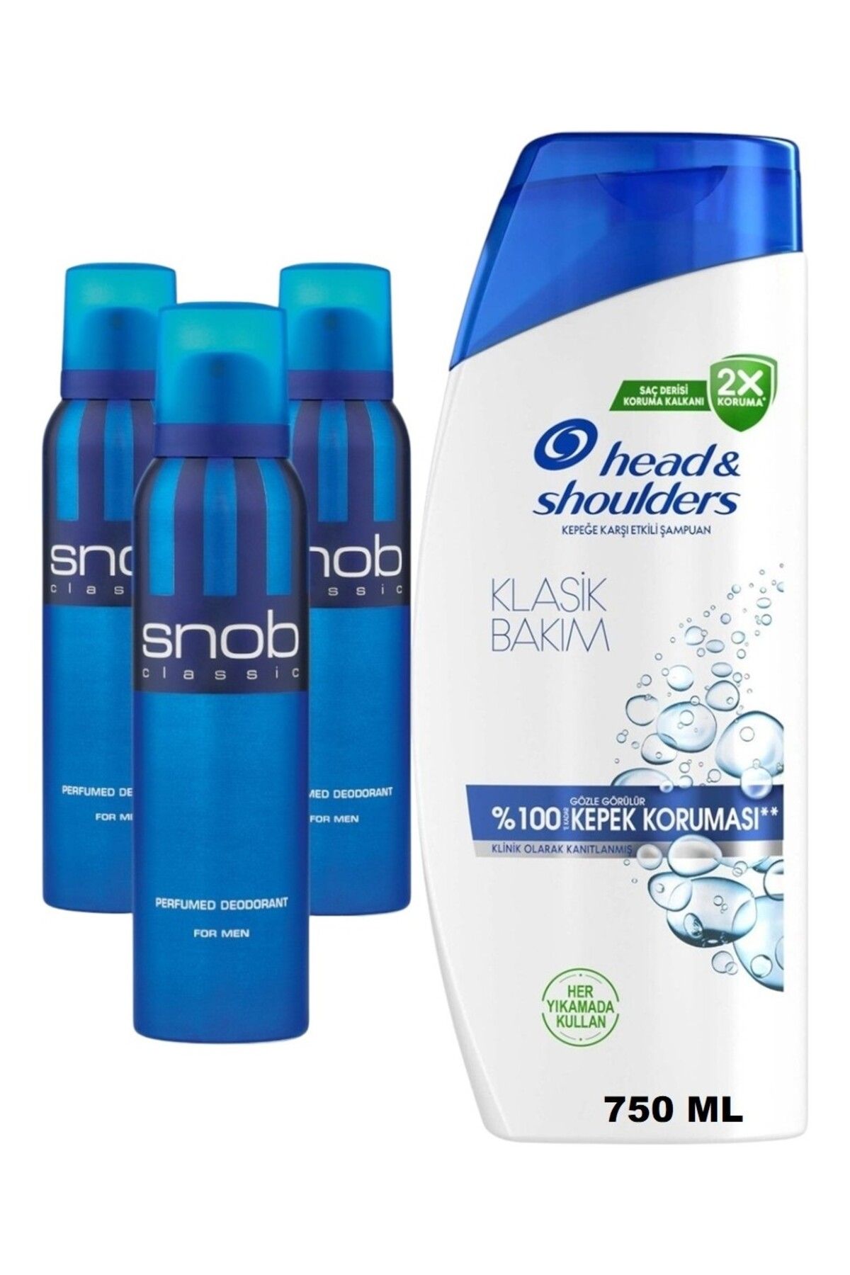 Snob Head&&Shoulders Kepeğe Karşı Etkili Şampuan 750 ml + Snob For Men Classic Deodorant 150ML x 3 Adet