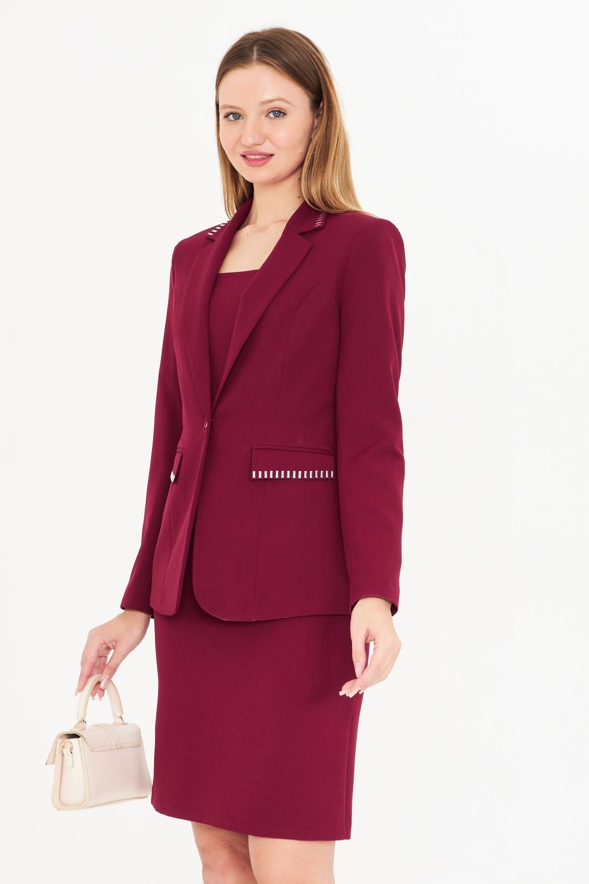 LOVELF-Set jachetă rochie cu detaliu din piatră burgundă 5
