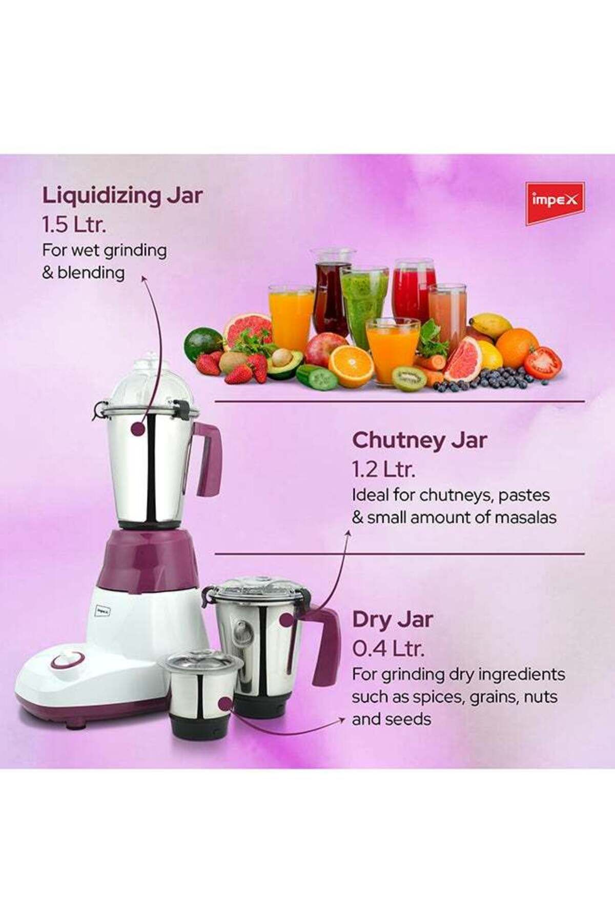 İMPEX-3In1 Mixer GrinderCopper Motor Unbreakable ABS Body,Stainless Steel Jars1500 750W BL318Pink 3