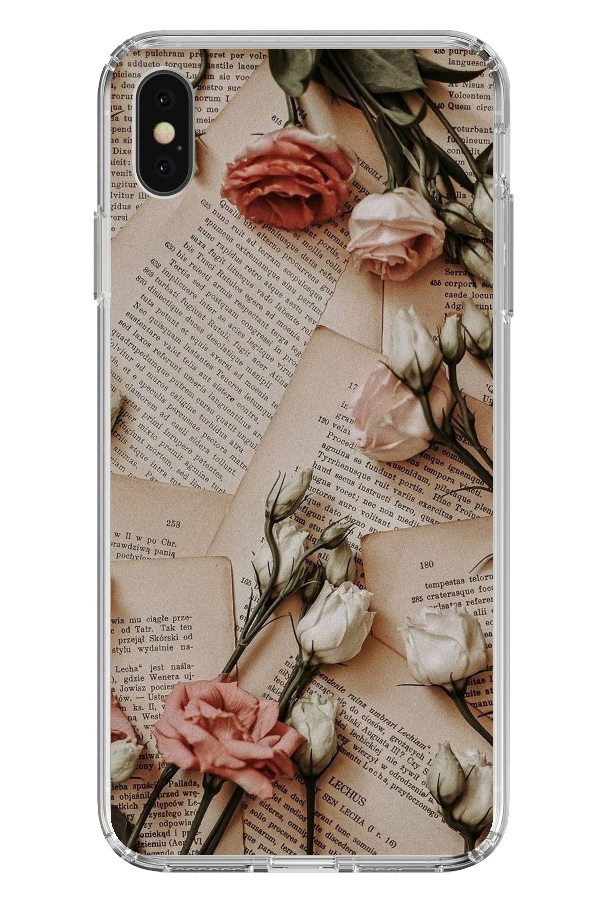 TechTree iPhone X / XS Uyumlu Retro Gazete Güller Tasarımlı Şeffaf Silikon Kılıf