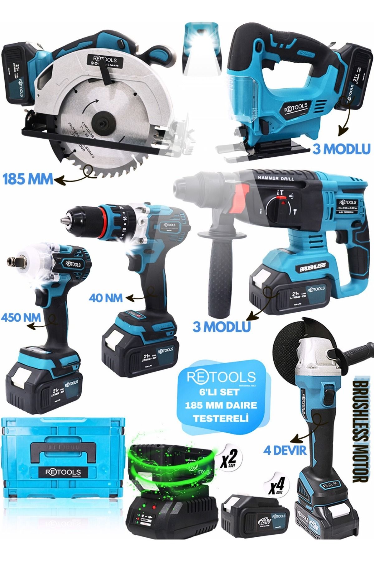 RETOOLS 6LI SET 185 MM DAİRE TESTERELİ VE USB IŞIKLI