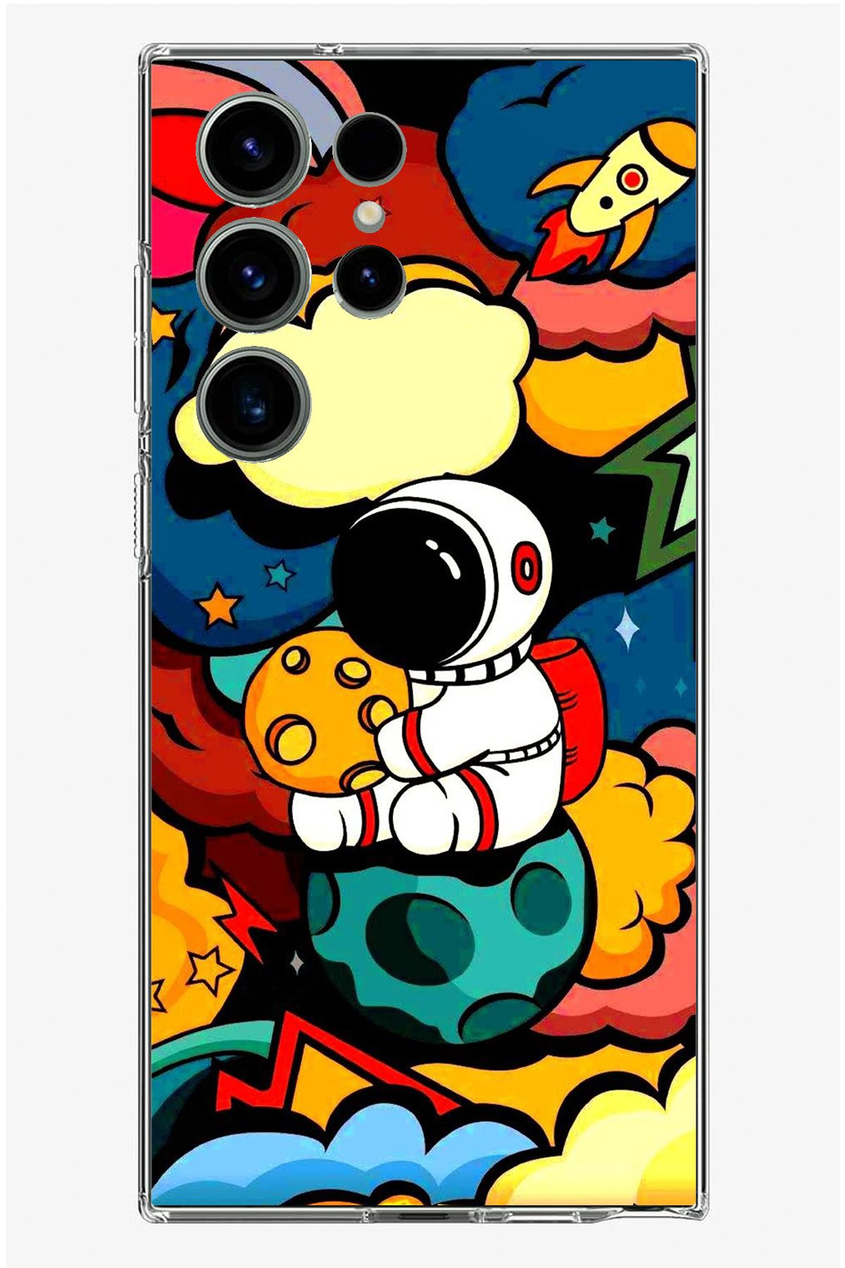 TechTree Samsung Galaxy S23 Ultra Uyumlu Renkli Astronot Tasarımlı Şeffaf Silikon Kılıf