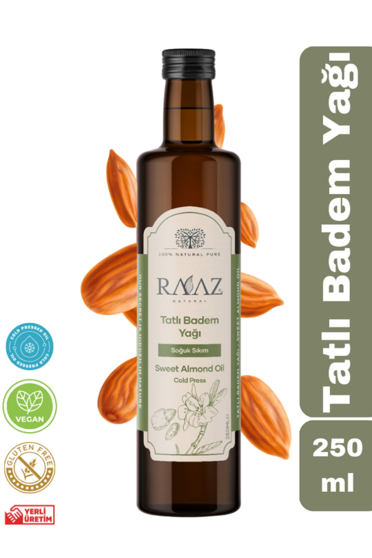 RAAZ Tatlı Badem Yağı 250 ml %100 Saf Ve Doğal Soğuk Sıkım ( Sweet Almond Oil )