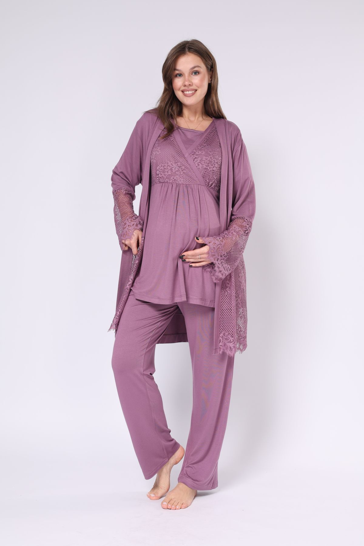 LOHOUSE-Plum Color Double Breasted Cut Lace Cotton 3-Piece Maternity and Dressing Gown Sleepwear Set 5