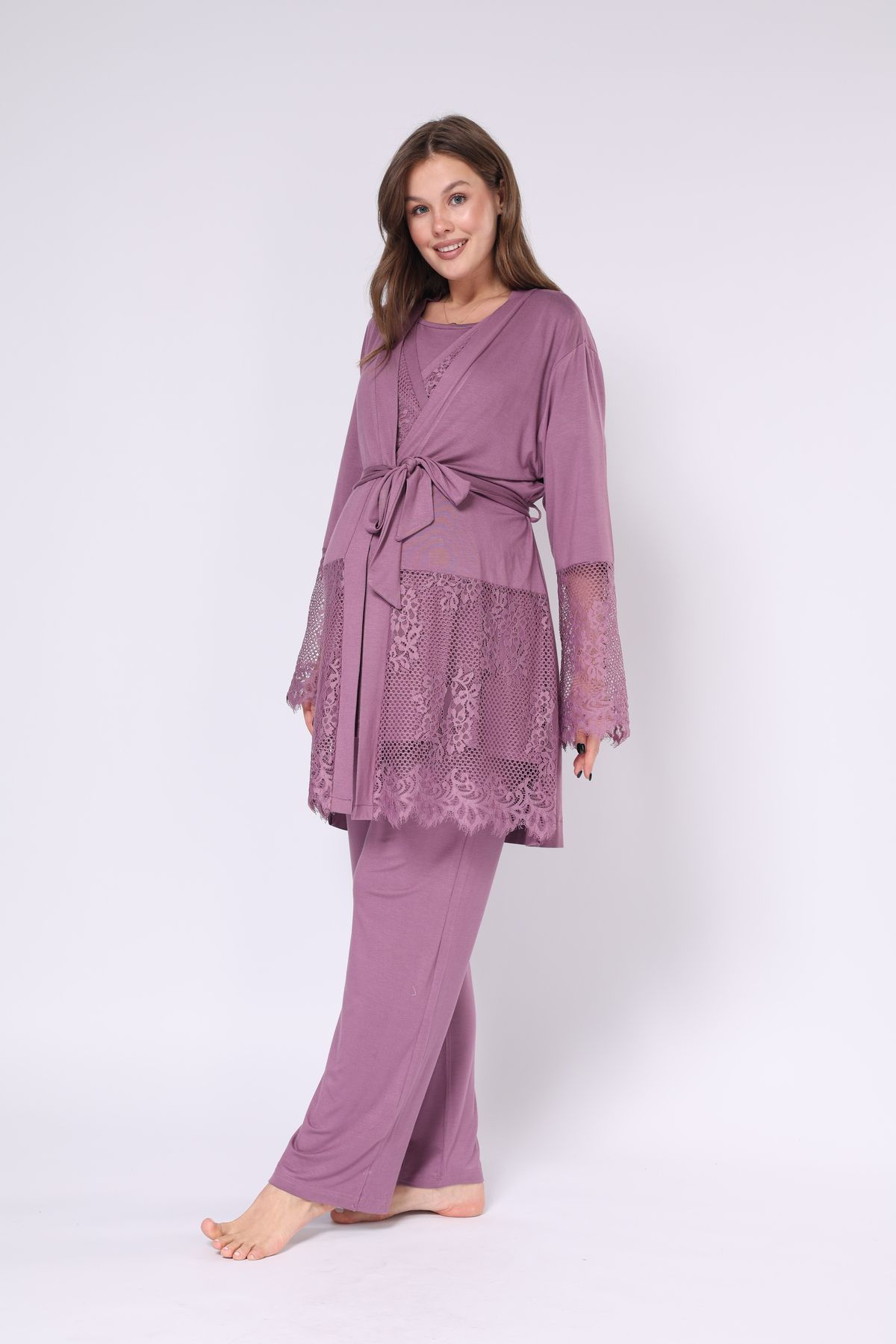 LOHOUSE-Plum Color Double Breasted Cut Lace Cotton 3-Piece Maternity and Dressing Gown Sleepwear Set 8