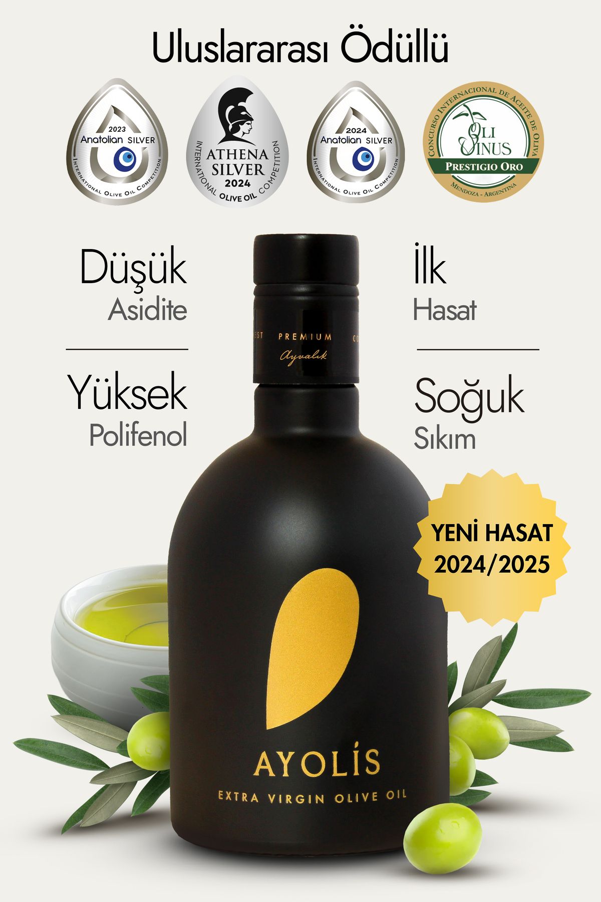 Ayolis Premium Gurme Ayvalık 500 ml Ödüllü Erken Hasat Soğuk Sıkım Natürel Sızma Zeytinyağı