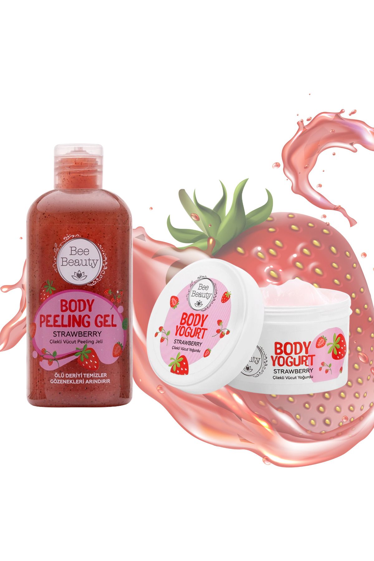 Bee Beauty Çilekli Vücut Peeling Jeli 250 ml -Çilekli Vücut Yoğurdu 250 ml 2li Set