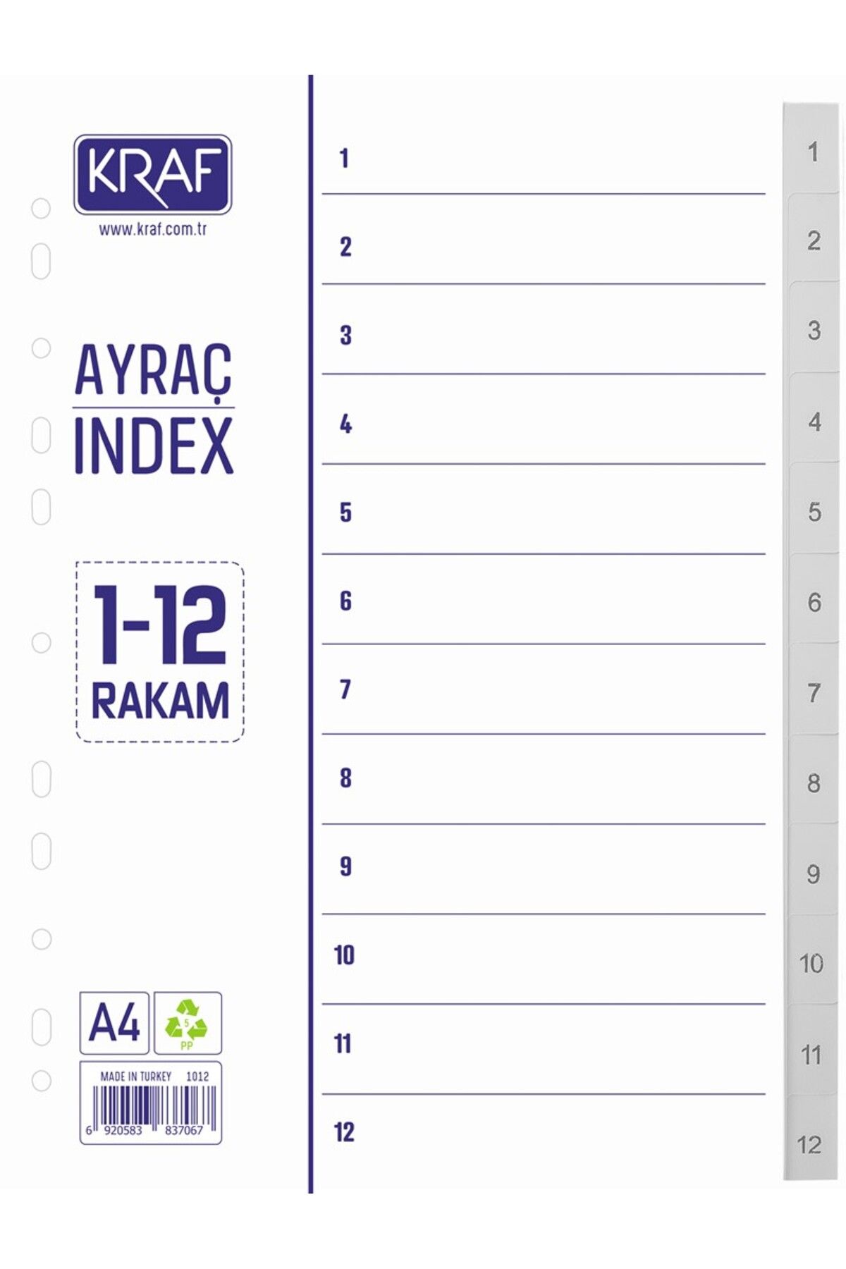 KRAF Dosya Separatörü - Ayraç 1-12 Rakam