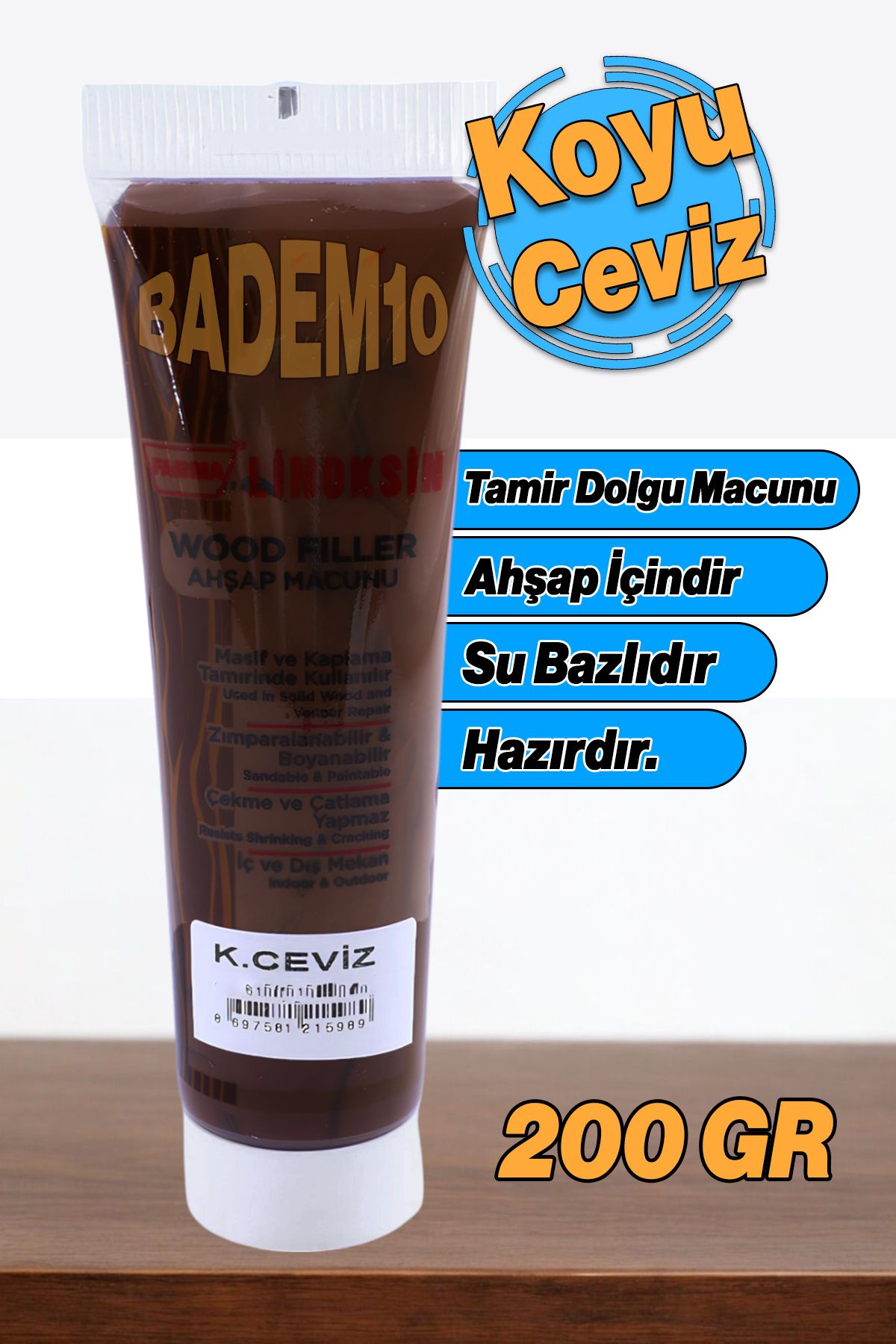 Badem10 Ahşap Parke Tamir Macunu Koyu Ceviz Mobilya Dolgu Çatlak Çizik Giderme 200 Gr Kullanıma Hazır Macun