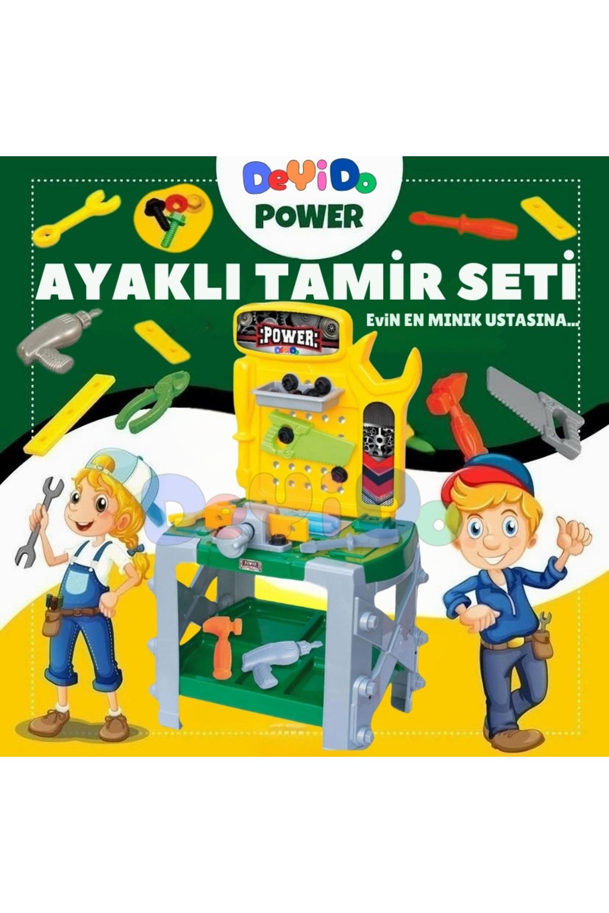 DeYiDo Power Tezgahlı Ayaklı Tamir Seti Oyuncak Büyük Boy Masalı Tamirci Setleri El Aletleri Minik Ustalar