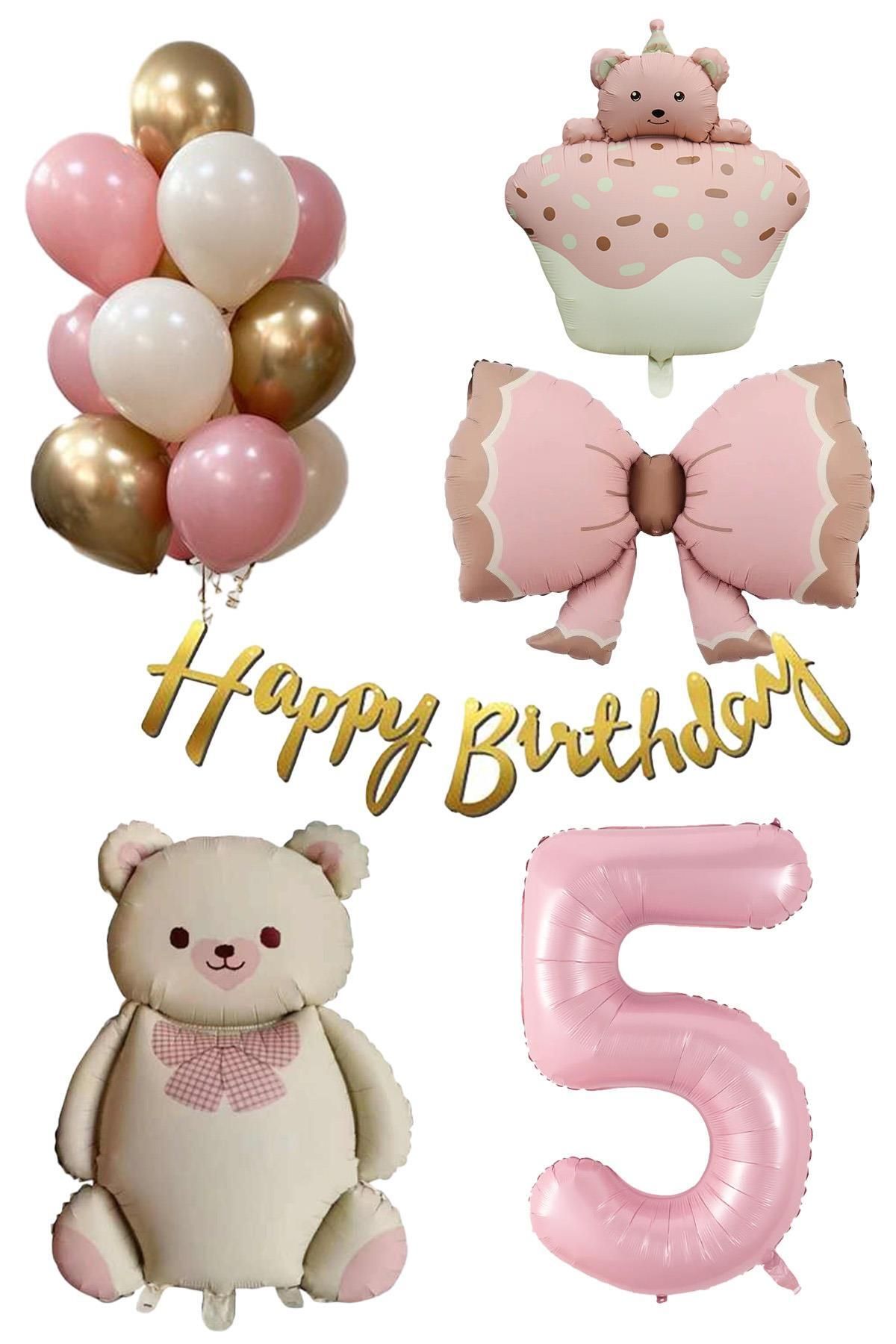 Patladı Gitti-Retro 5 Year Old Teddy Bear Themed Baby Girl Concept Birthday Set 1