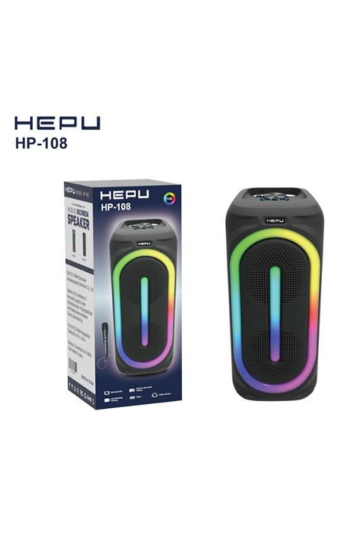 HEPU Hp 108 Bluetooth Hoparlör 16 w rms 2*8 inc Karaoke Kablolu Mikrofon Rgb Efekt Usb,Typc-e