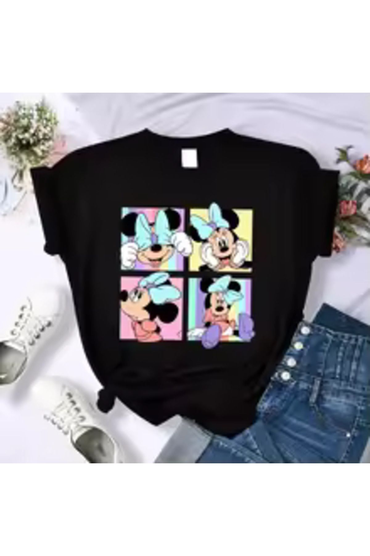 Boi Mickey Tasarım Tişörtler- Oversize Bol Kalıp Günlük Pamuklu Siyah T-shirt