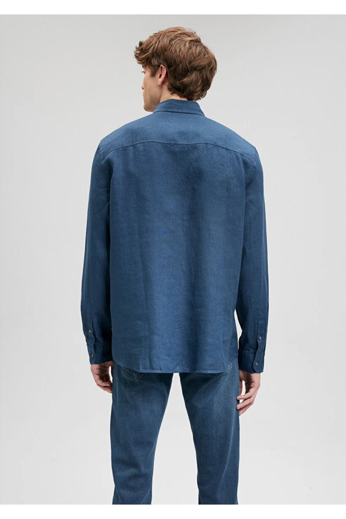 پیراهن / بلوز دکمه دار آبی مردانه کتانی Navy Blue 021190 81802 Mavi