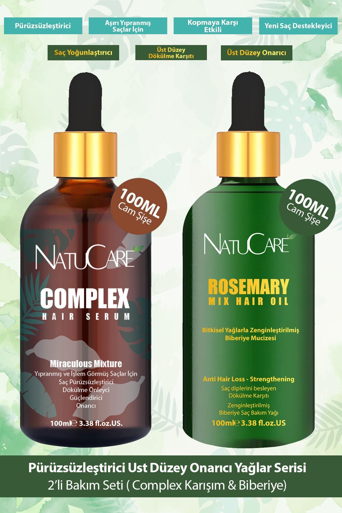 NatuCare Saç Pürüzsüzleştirici Mucizevi Yağlar 2'li Saç Bakım Seti 100ml (complex Karışım & Biberiye