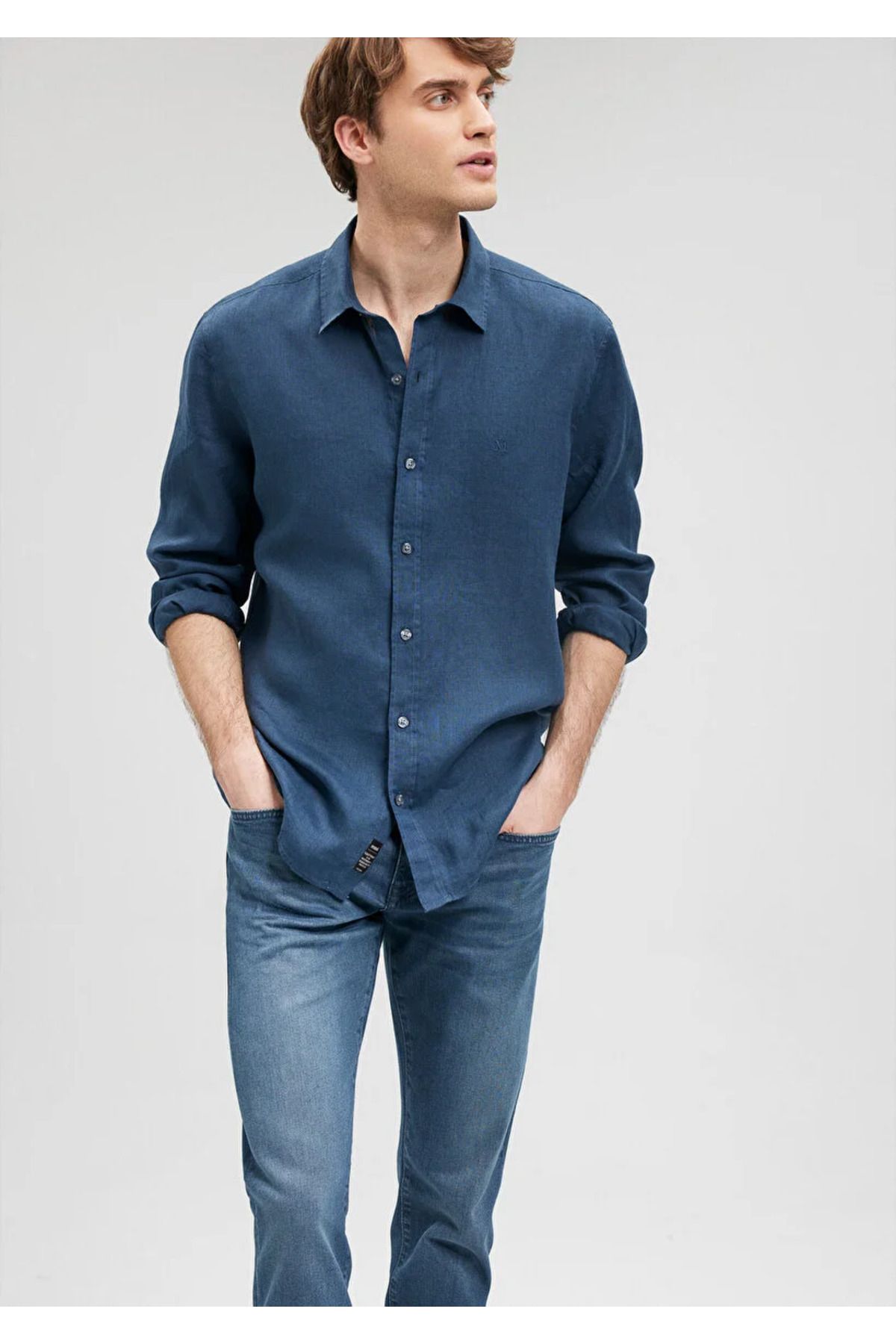 پیراهن / بلوز دکمه دار آبی مردانه کتانی Navy Blue 021190 81802 Mavi