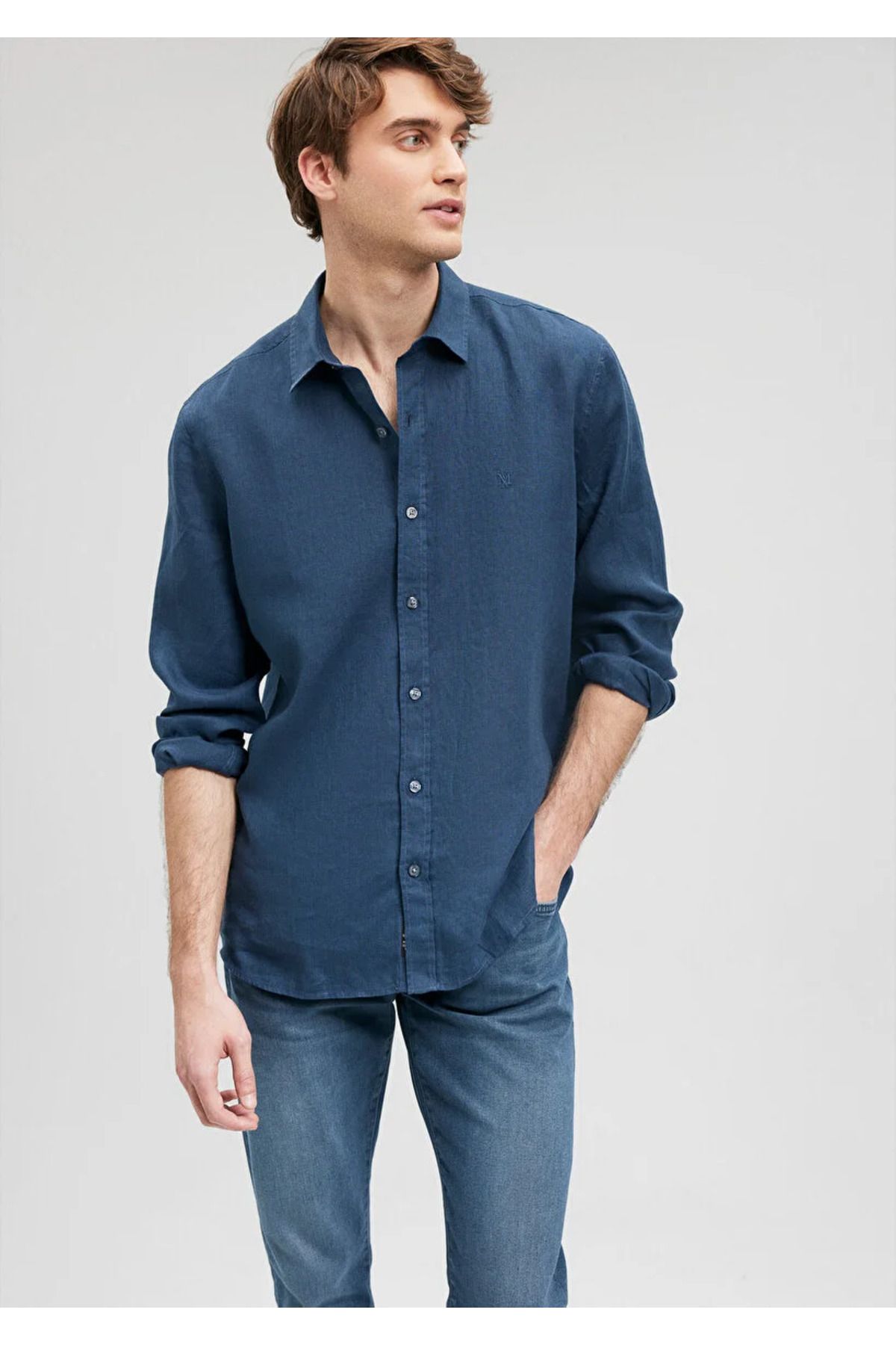 پیراهن / بلوز دکمه دار آبی مردانه کتانی Navy Blue 021190 81802 Mavi