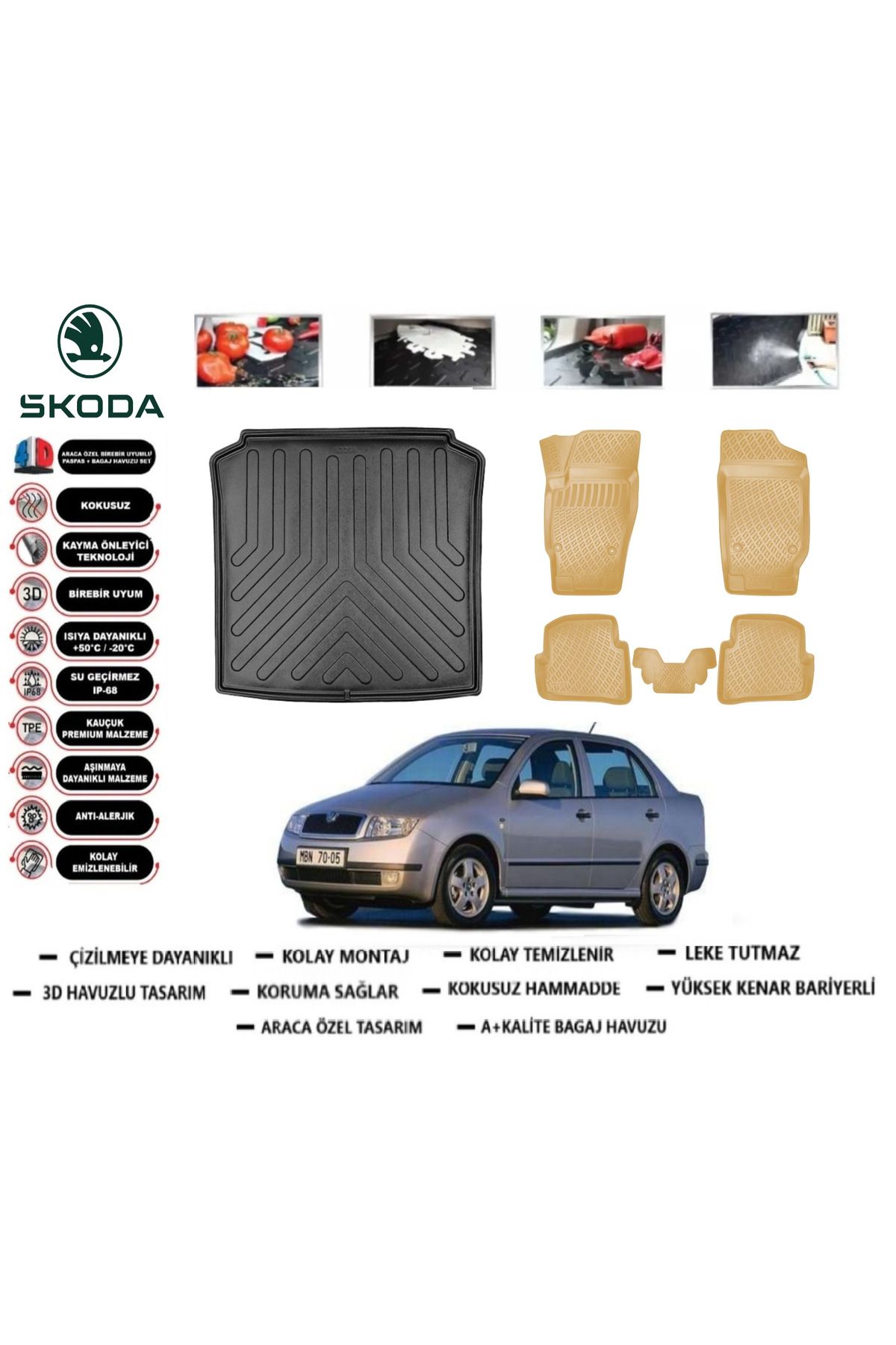 ko kaliteoto Skoda Fabia Sedan 2002 Model Bagaj Havuz Paspası+Araca Özel Bej Paspas Takımı PRO