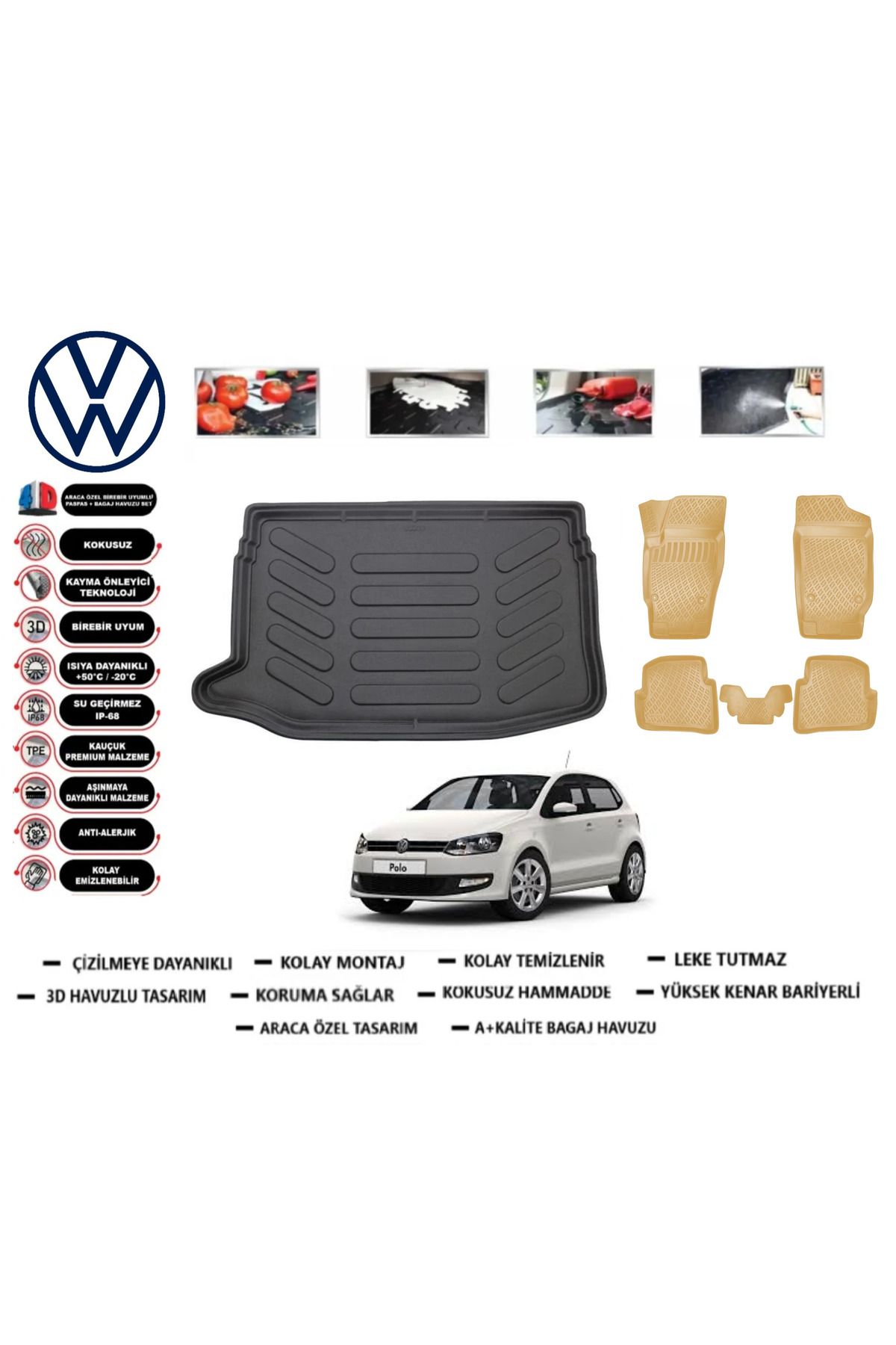 ko kaliteoto Volkswagen Polo 6R 2011 Model Üst Bagaj Havuz Paspası+Araca Özel Bej Paspas Takımı Kauçuk