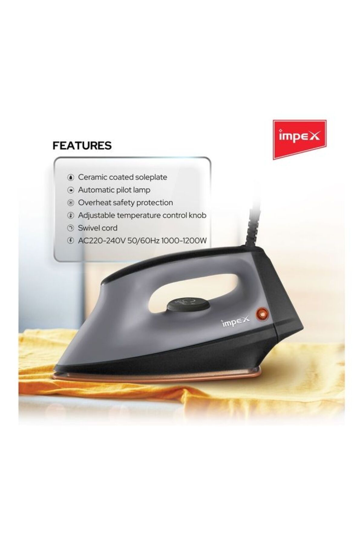 İMPEX-Heavy Duty Dry Iron Ceramic Plate Long Life Thermostat Overheat Protection 1200W IB191 4