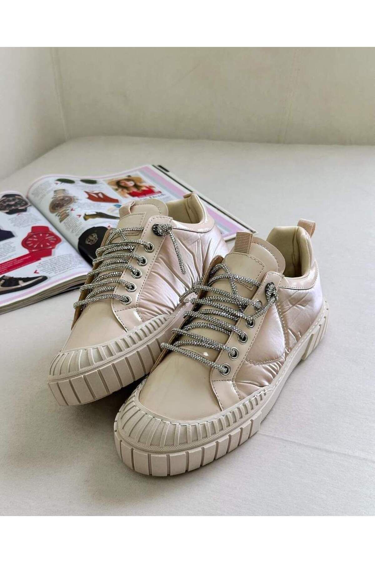 KRISTE BELL-Beige Parachute Fabric Leather Stone Lace-Up Sneaker Women's Sneakers 4