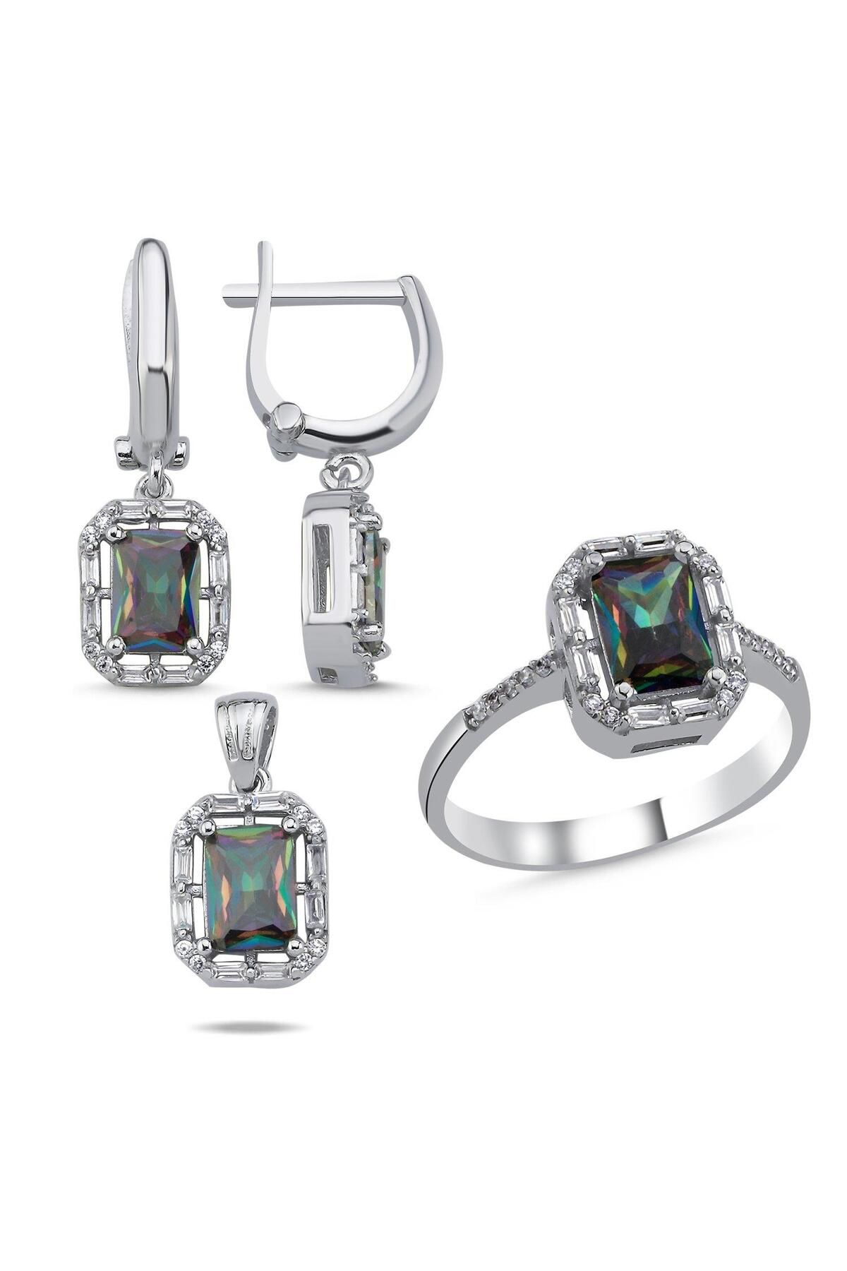 Ceyjewelry Mistik Topaz Baget & Halo Zirkon Taşlı Set 925 Ayar