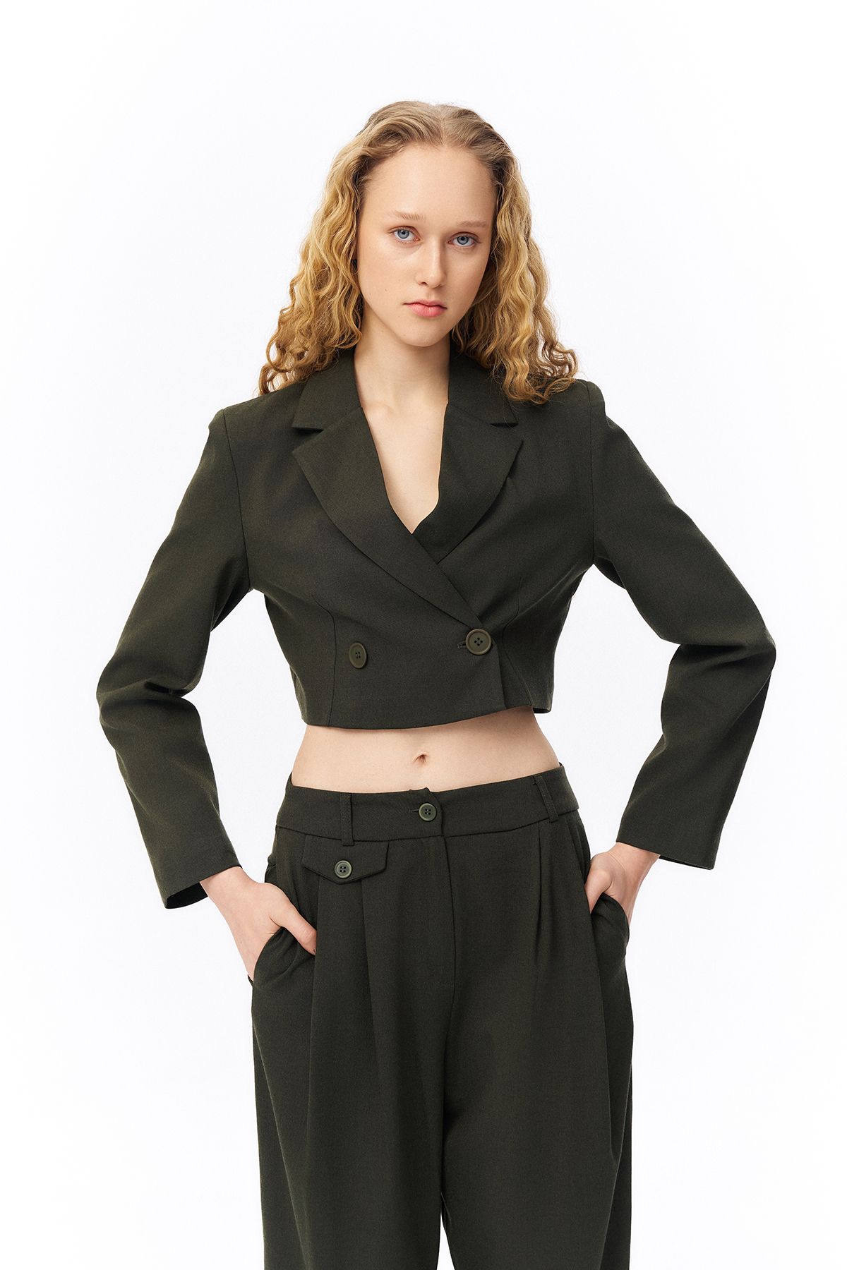 Quzu-Jachetă Blazer Crop kaki - Detaliu căptușit 4