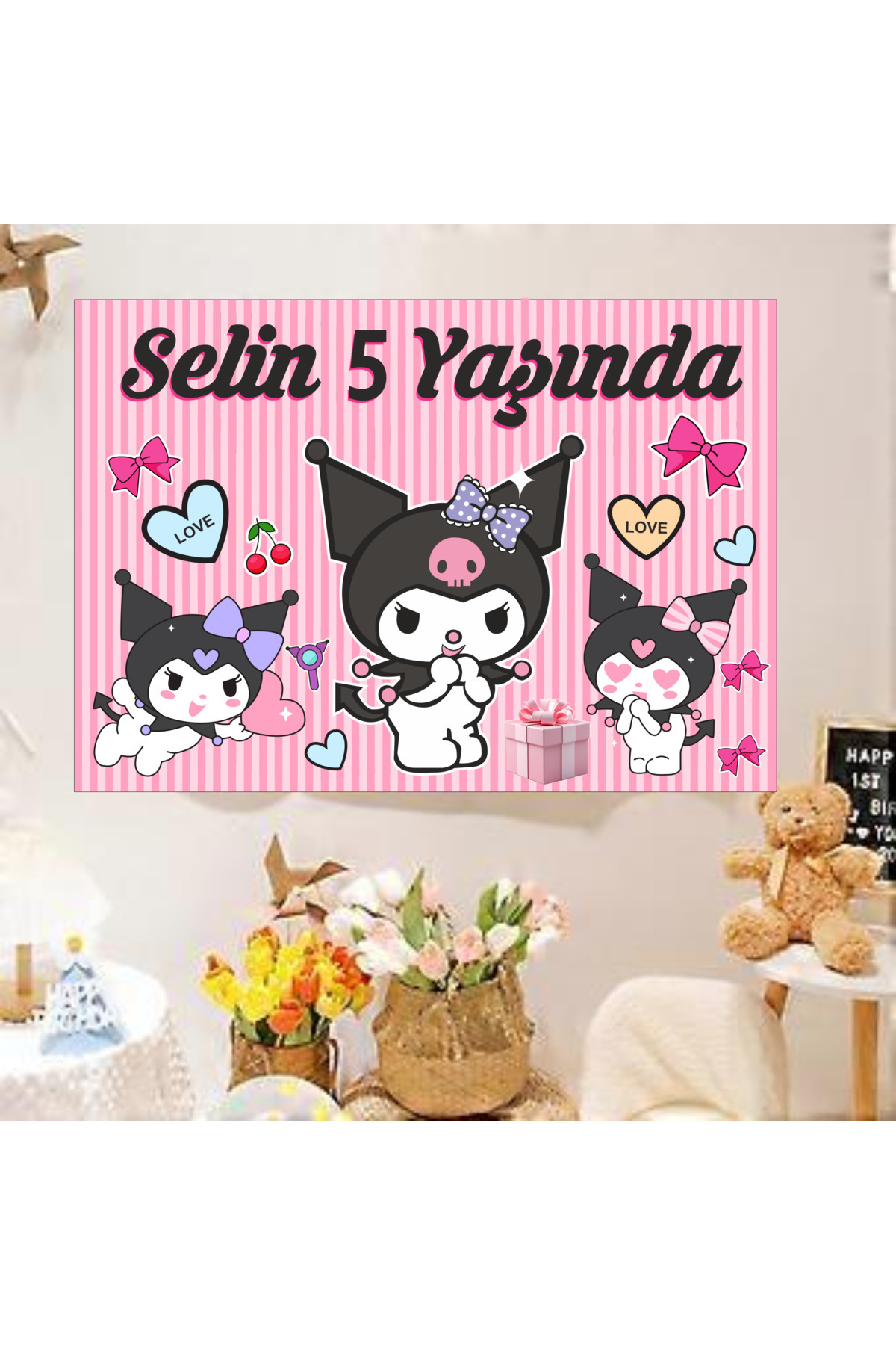 Home Kişiye Özel Isimli Kuromi Temalı Doğum Günü Afişi Duvar Pankart 100x70 Cm