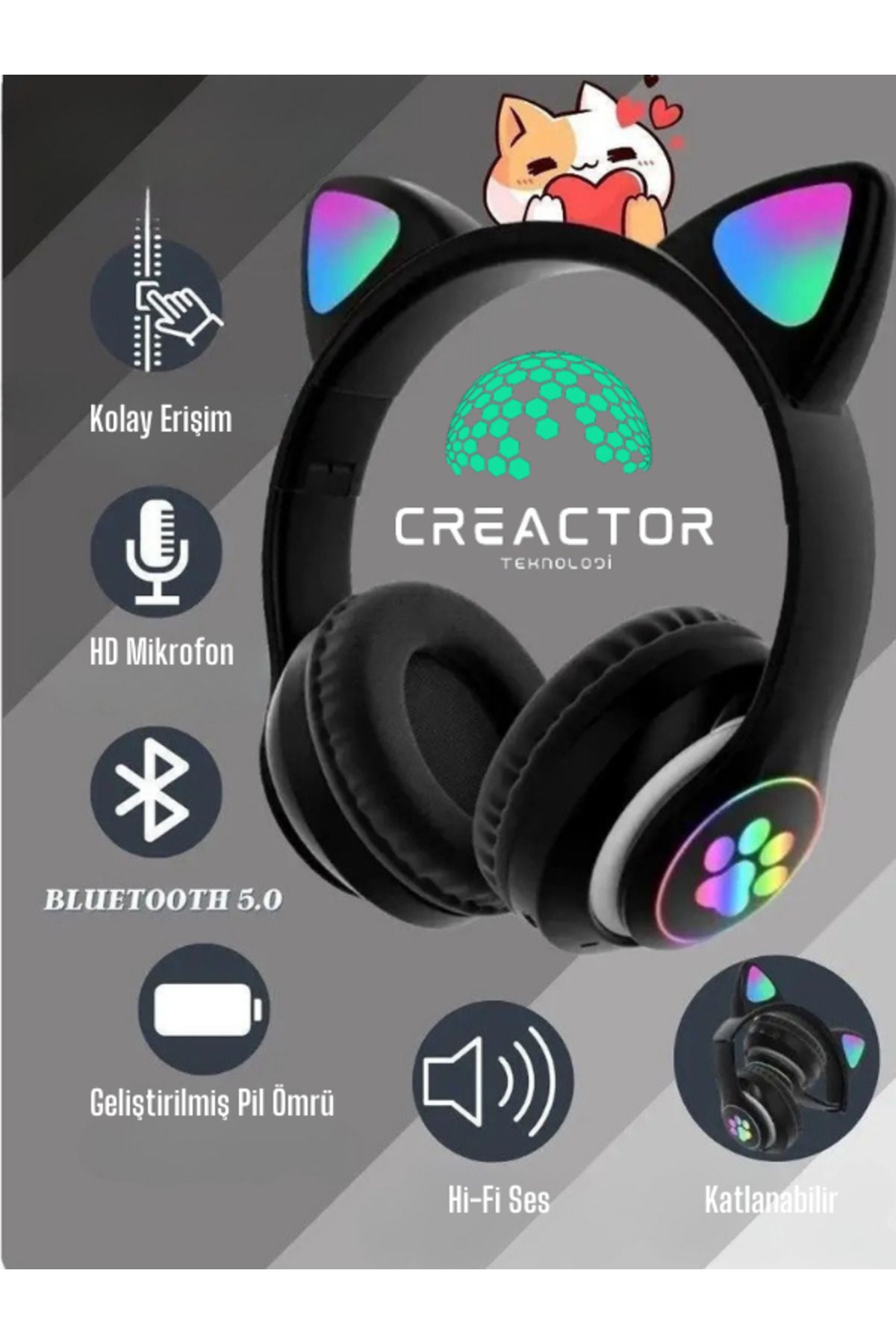 CREACTOR Bluetooth 5.0 Mikrofonlu Kablosuz Yüksek Ses Akıllı Led Işıklı Kedi Patili Kulaklık CAT