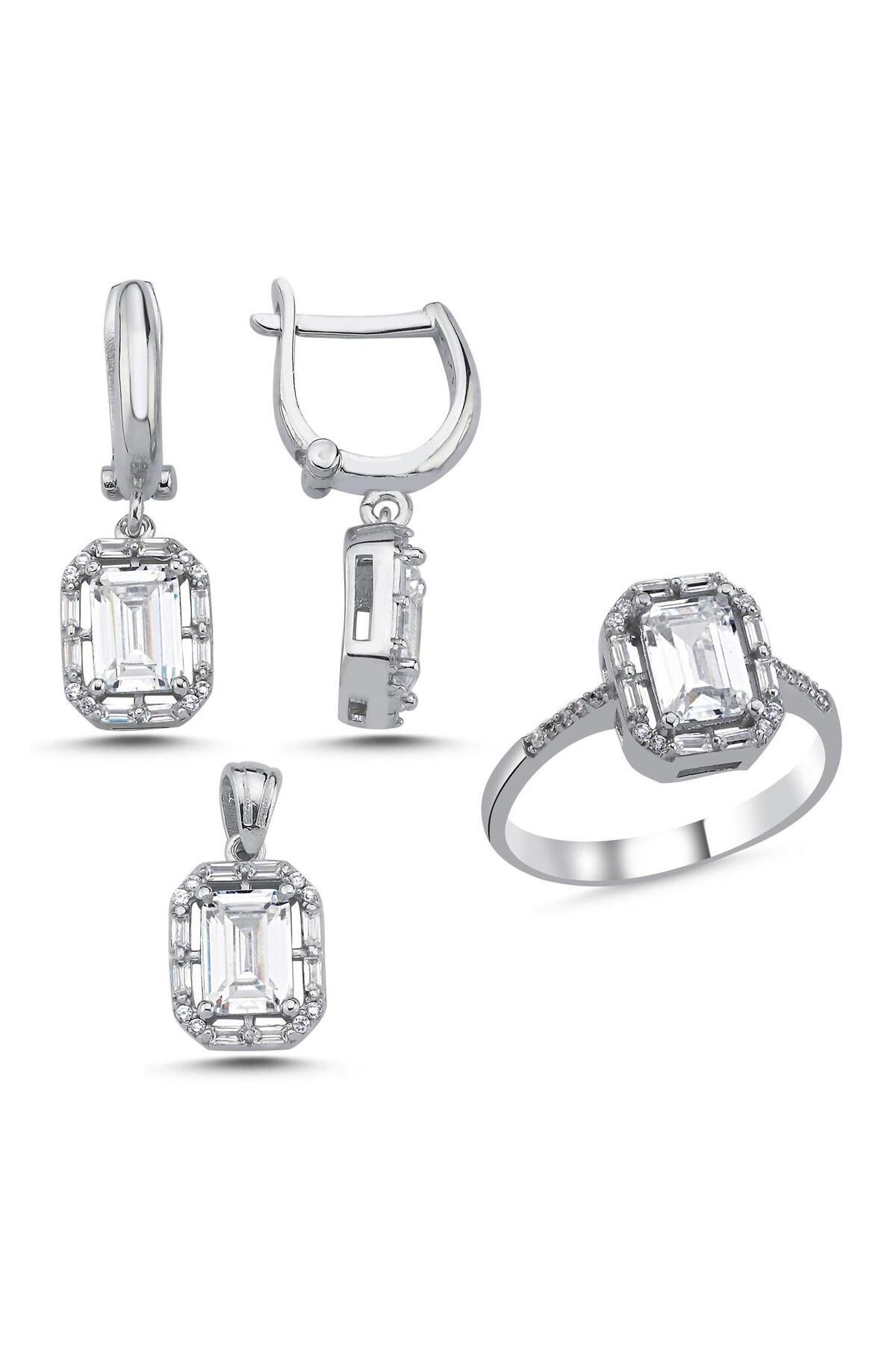 Ceyjewelry Baget & Halo Zirkon Taşlı Set 925 Ayar