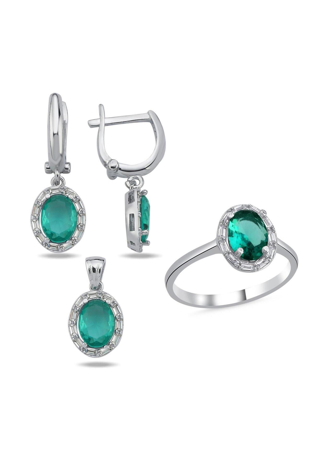 Ceyjewelry Paraiba Oval Kesim & Halo Baget Zirkon Taşlı Set 925 Ayar