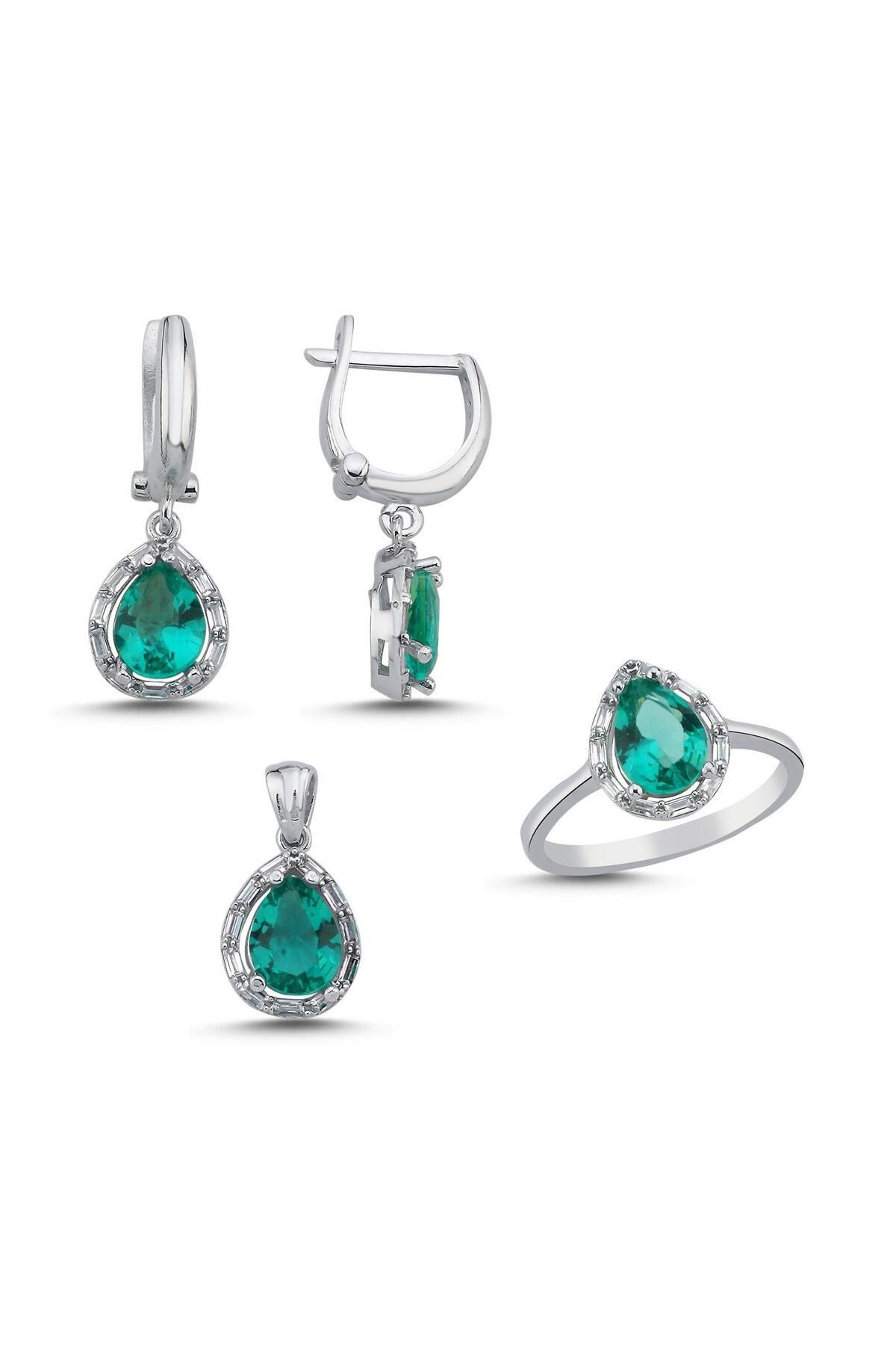 Ceyjewelry Damla Paraiba & Halo Baget Zirkon Taşlı Set 925 Ayar