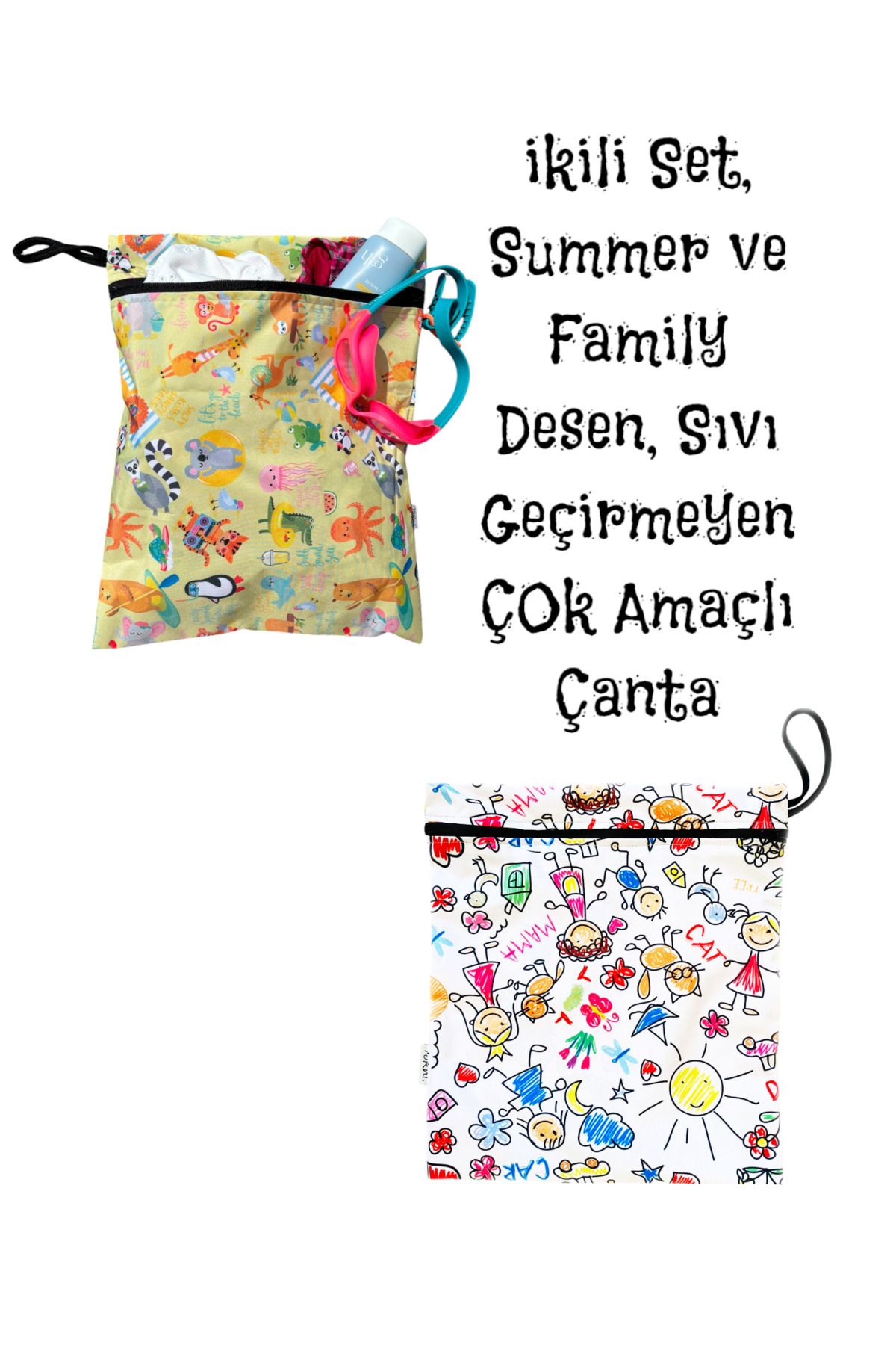 yorni 2 Adet, 37x30 cm Summer ve Family Desen, Sıvı Geçirmeyen Çok Amaçlı Çanta, Ekonomik Set, Yıkanabilir