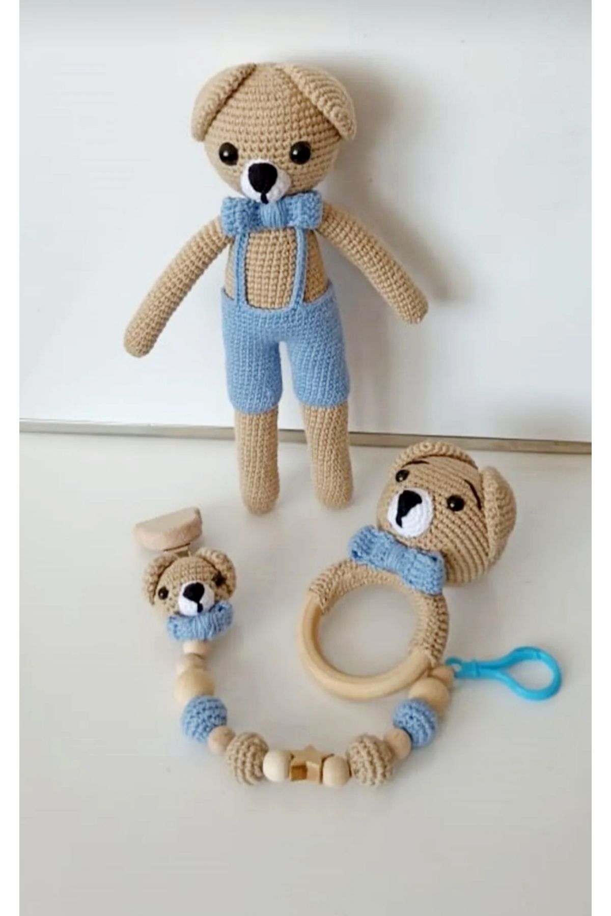 YUSUF TOKTAS TOYS CITY Mavili Ayıcık Emzik Seti Amigurumi Örgü Oyuncak